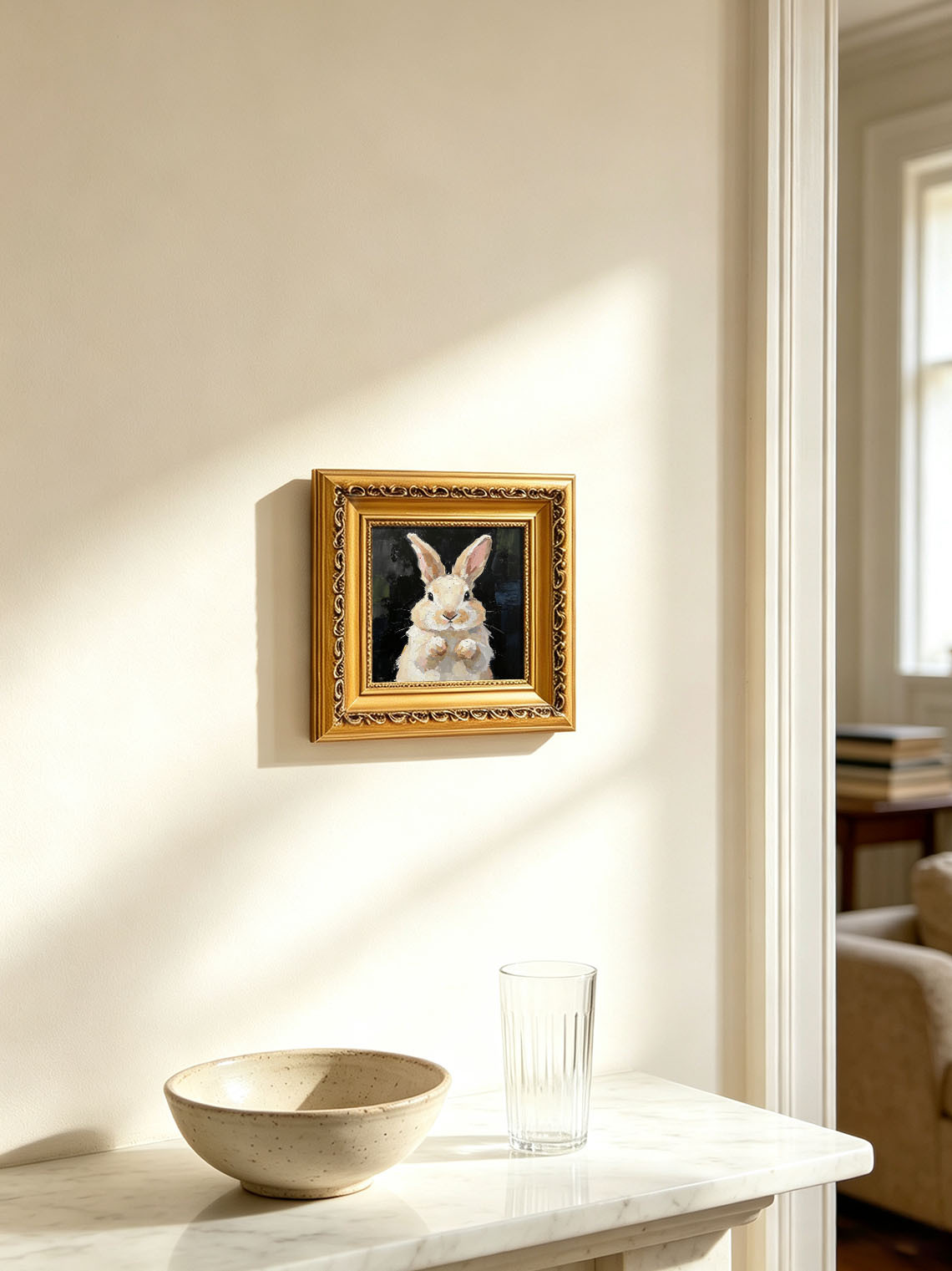 Thick Impasto Light Cream Bunny Portrait Paws Up Dark Moody Textured Background  Custom oil painting from photo, Gift for friend，Size 4x4