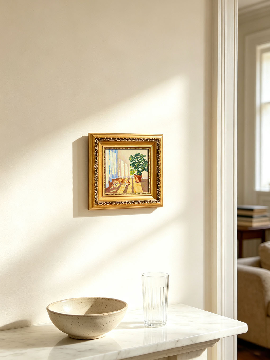 Sleeping Ginger Cat Sunlit Indoor Scene With Monstera Plant Bright Oil Painting Custom oil painting from photo, Gift for friend，Size 4x4