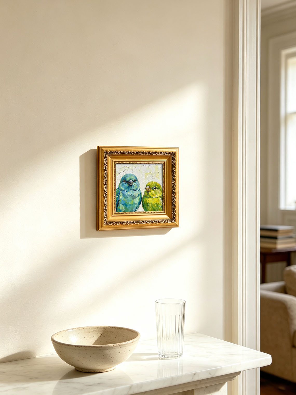 Pair Of Parrotlets Portrait Bold Oil Painting Soft Off‑White Textured Background  Custom oil painting from photo, Gift for friend，Size 4x4