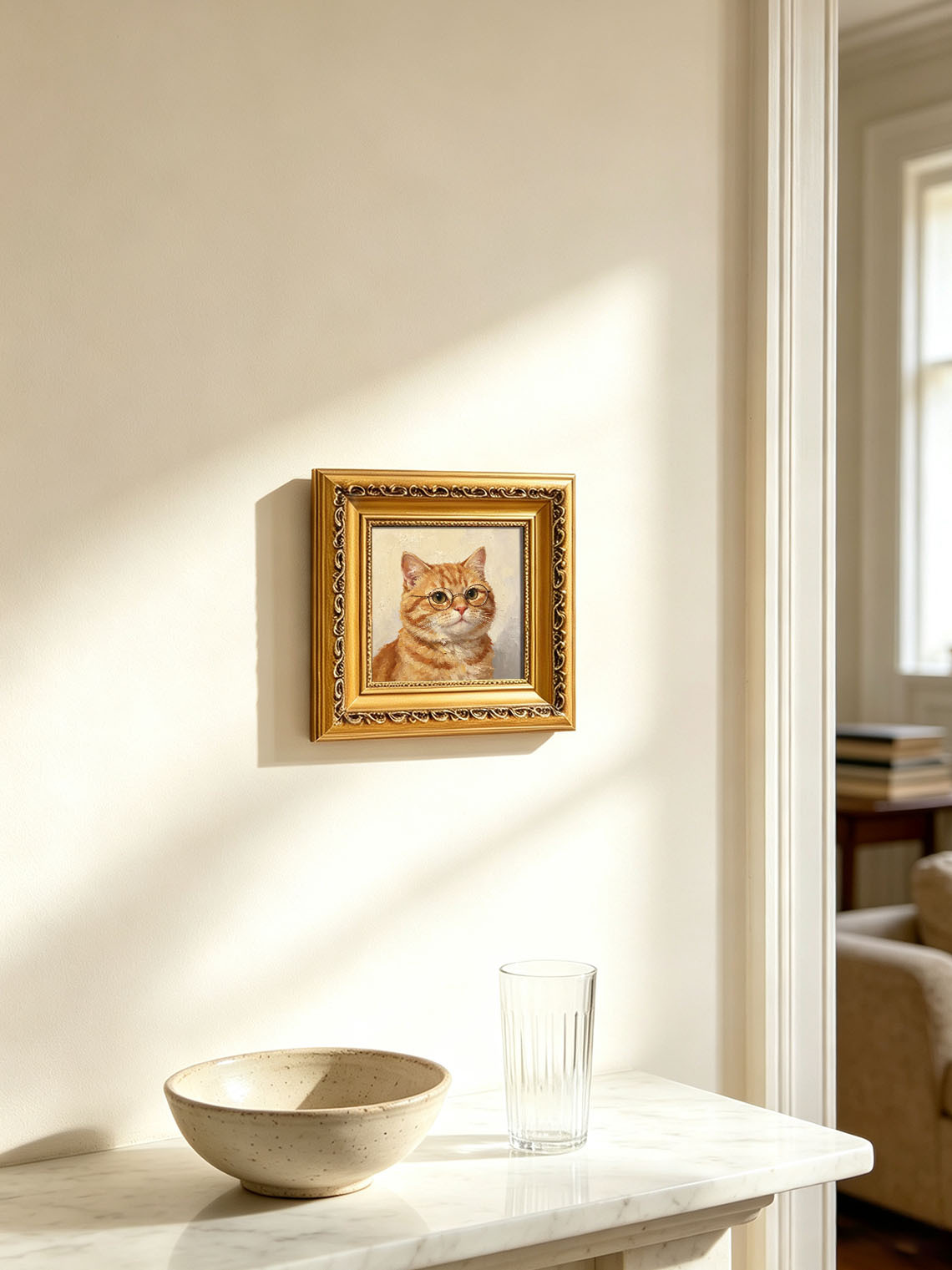 Ginger Tabby Cat Wearing Glasses Oil Painting Soft Cream Textured Background Custom oil painting from photo, Gift for friend，Size 4x4