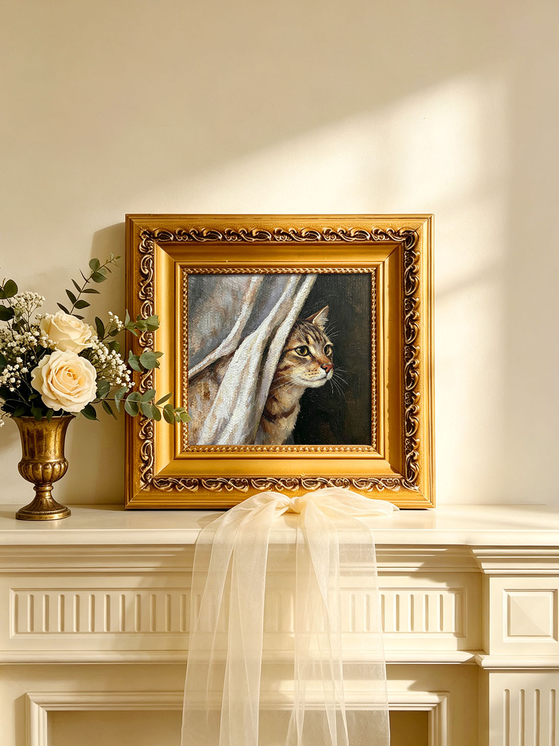 Tabby Cat Behind Curtain custom oil painting from photo, gift for friend, Size 4"×4"