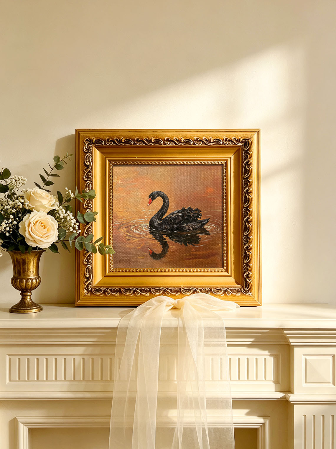 Black Swan Water Scene custom oil painting from photo, gift for friend, Size 4"×4"