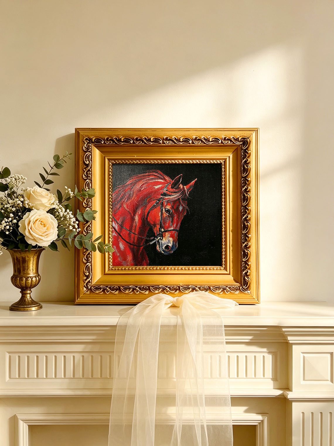 Red Horse Head Portrait custom oil painting from photo, gift for friend, Size 4"×4"
