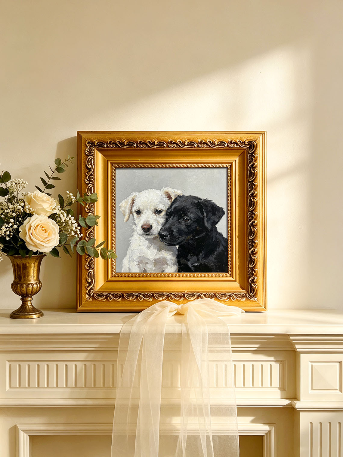 Two Puppies Black White custom oil painting from photo, gift for friend, Size 4"×4"