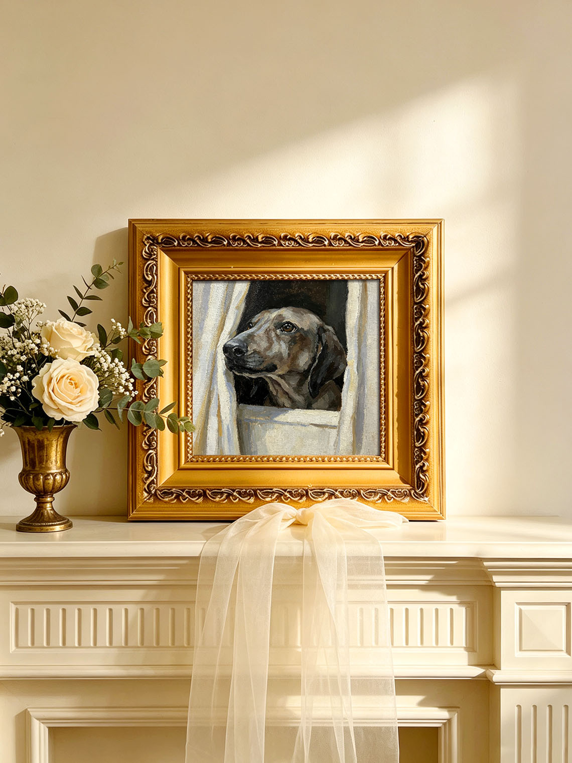 Dog Peeking Through Window custom oil painting from photo, gift for friend, Size 4"×4"