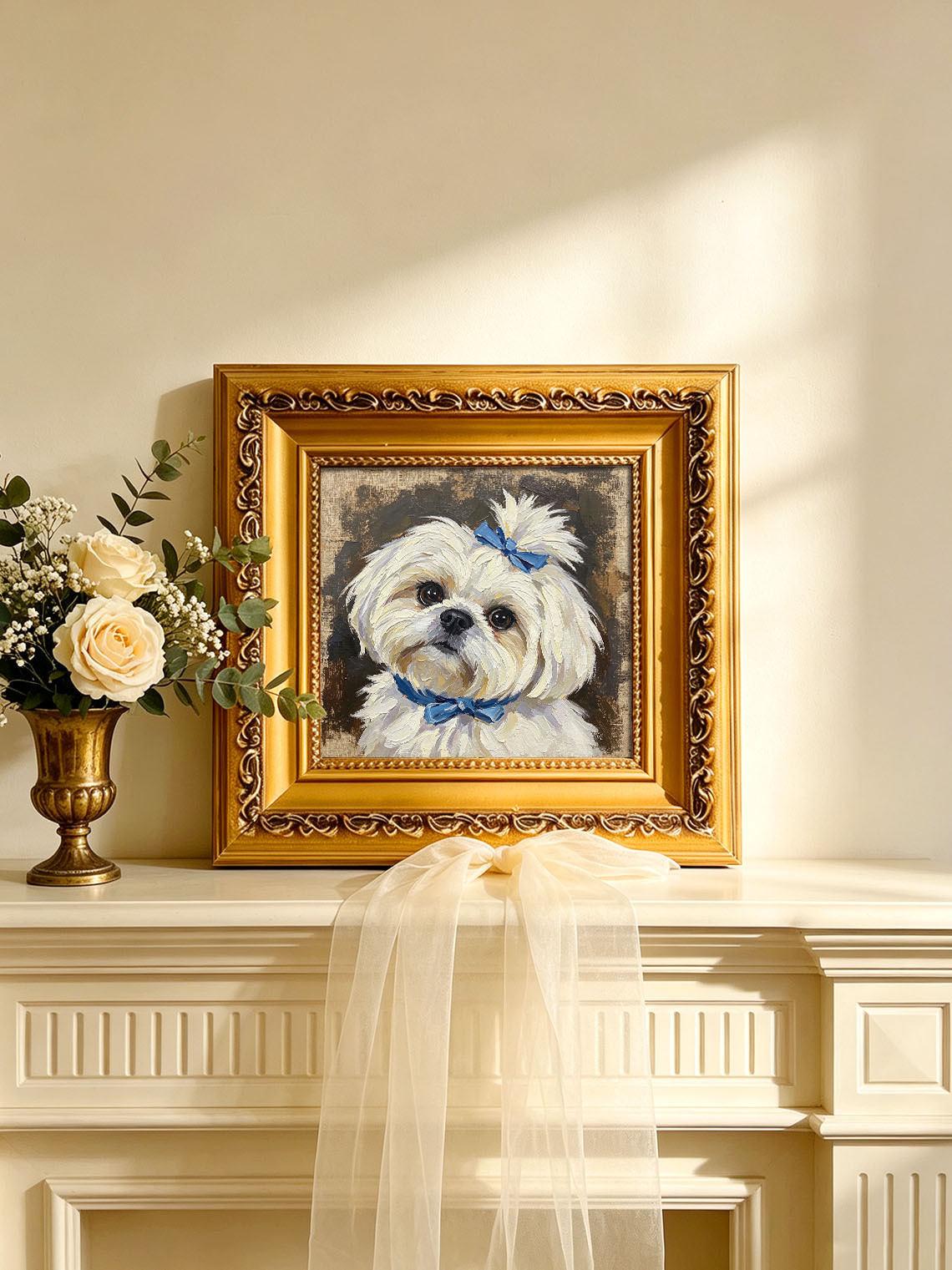 Maltese Dog With Blue Bows custom oil painting from photo, gift for friend, Size 4"×4"