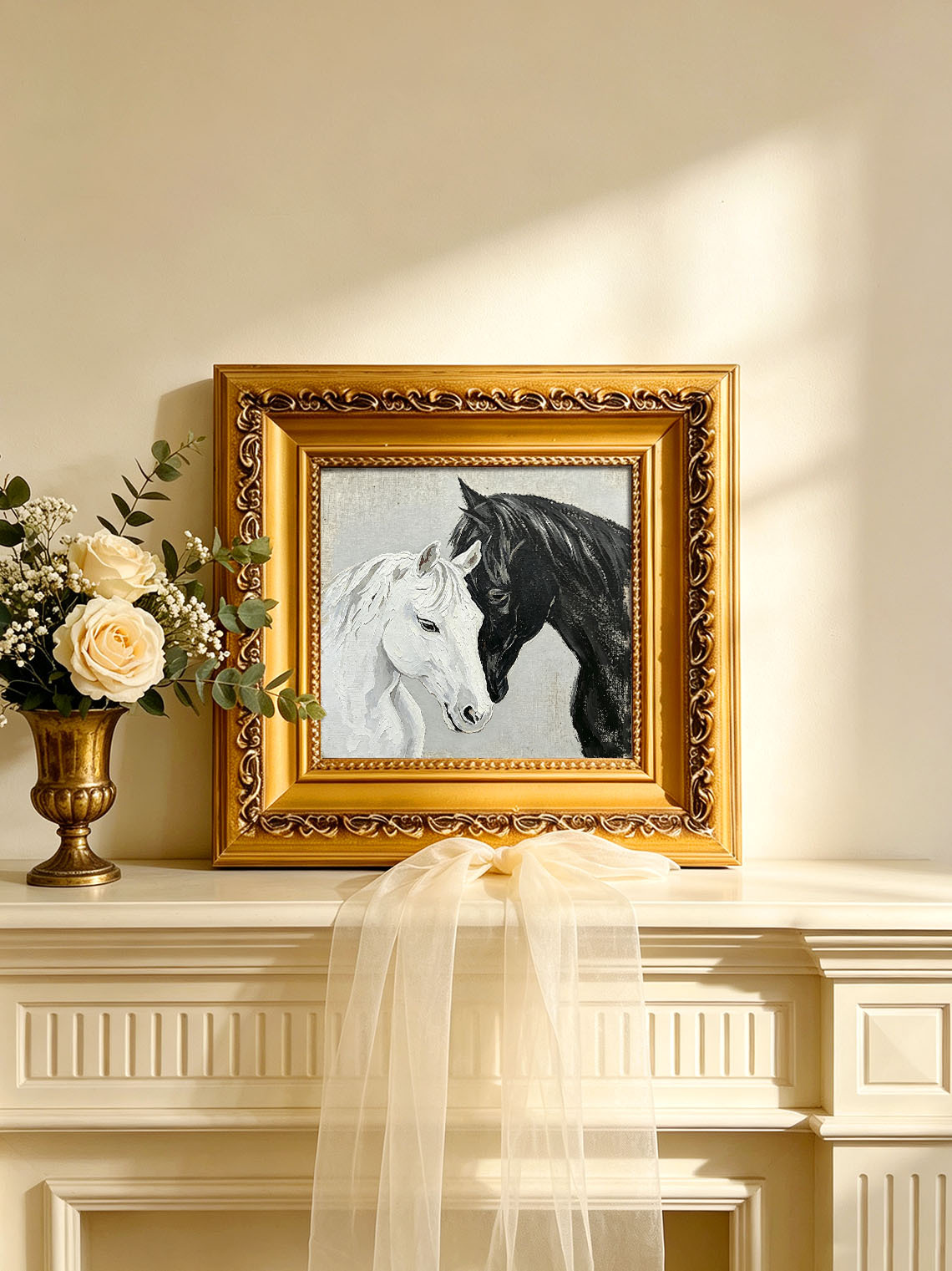 Two Horses Black White custom oil painting from photo, gift for friend, Size 4"×4"