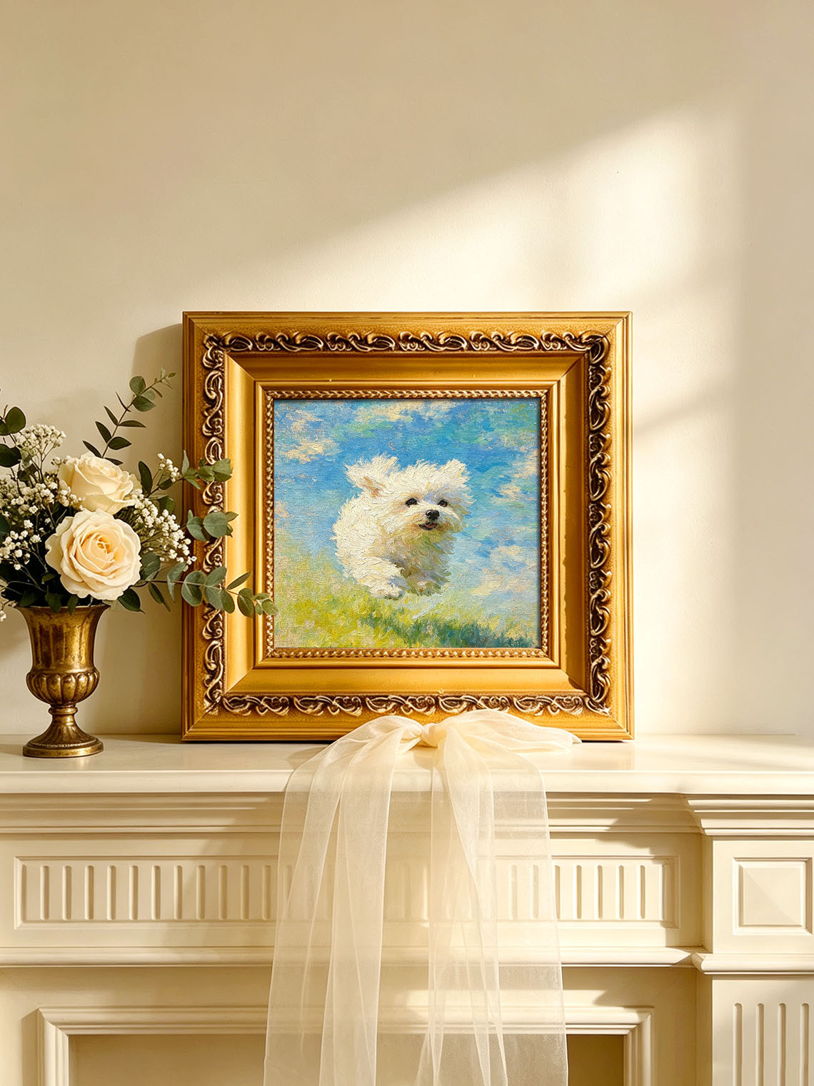 Running White Puppy custom oil painting from photo, gift for friend, Size 4"×4"