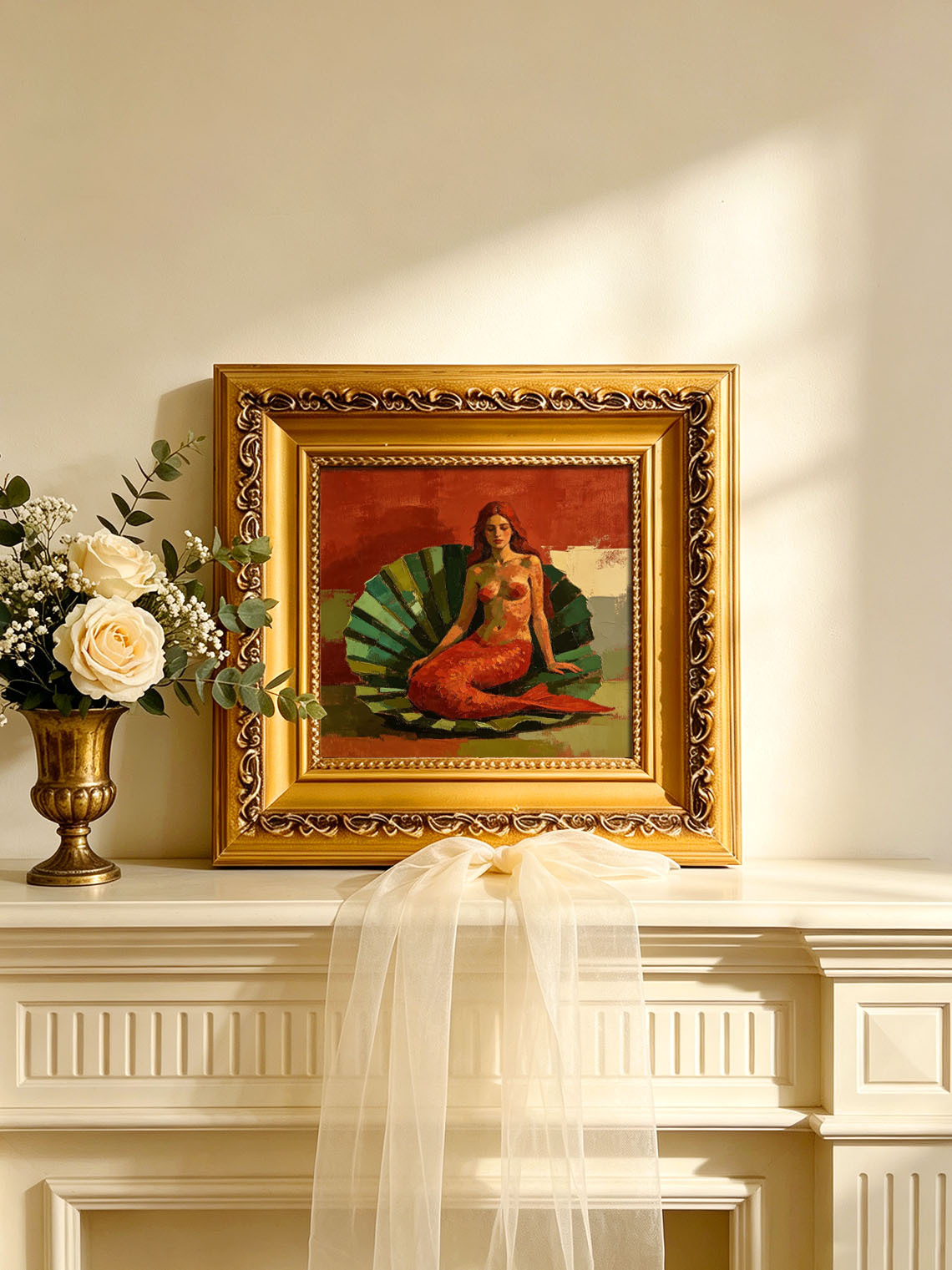 Mermaid On Giant Shell Hand Painted Artwork Wall Decor Custom oil painting from photo, Gift for friend，Size 4x4