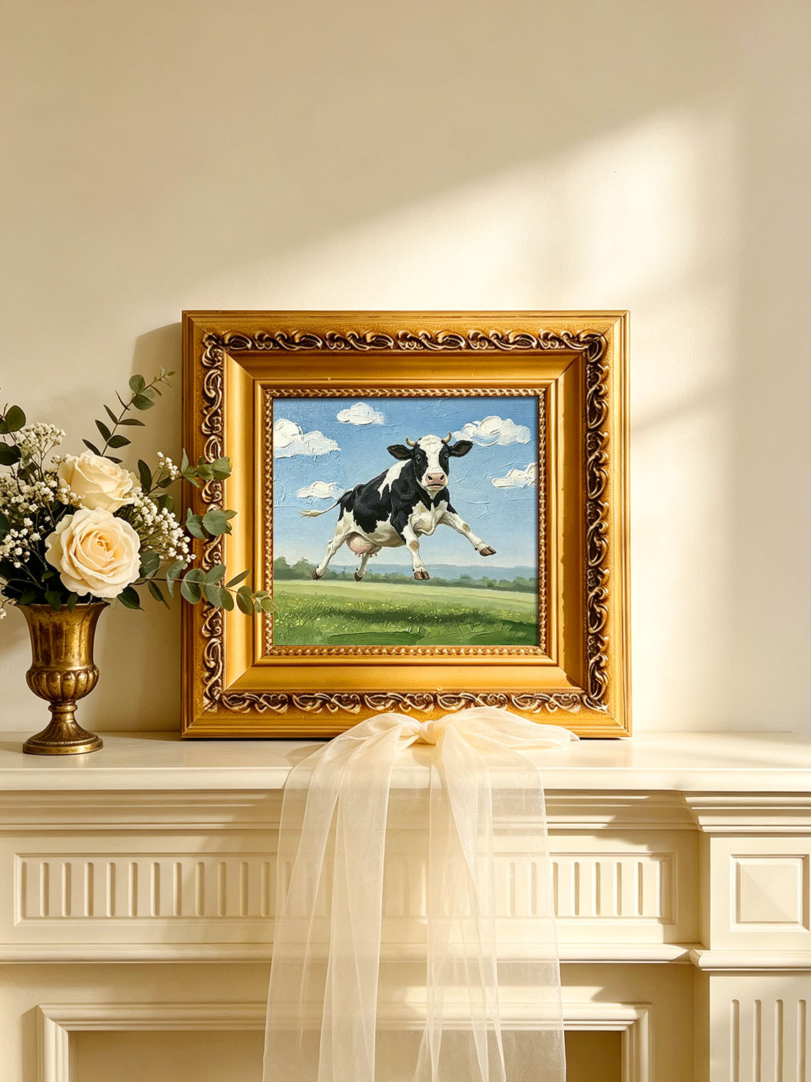 Jumping Farm Cow Hand Painted Wall Art Custom oil painting from photo, Gift for friend，Size 4x4