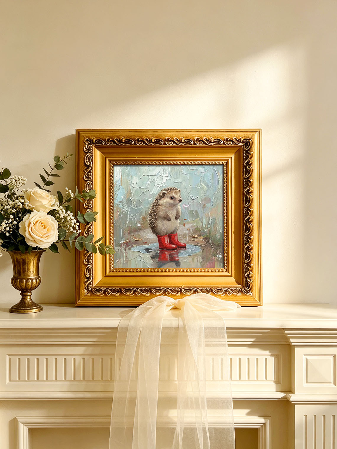 Cute Hedgehog In Red Rain Boots Hand Painted Wall Art Custom oil painting from photo, Gift for friend，Size 4x4
