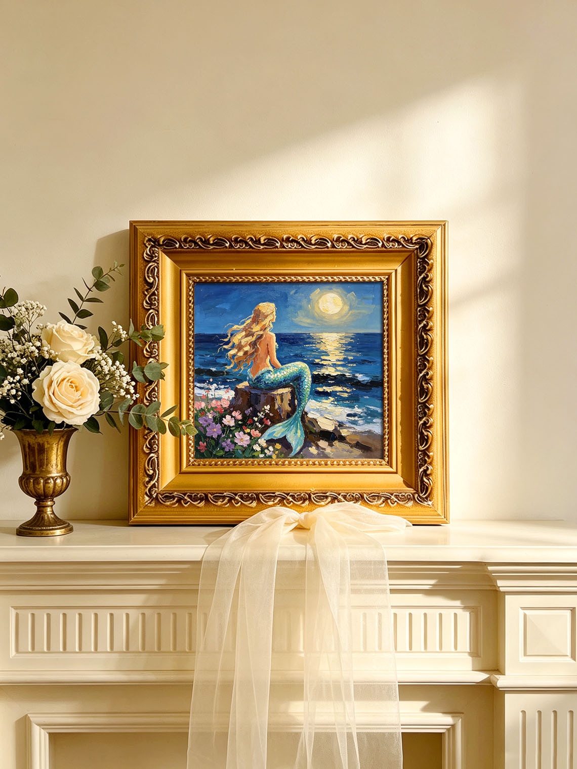 Moonlit Ocean Mermaid Hand Painted Wall Art Custom oil painting from photo, Gift for friend，Size 4x4