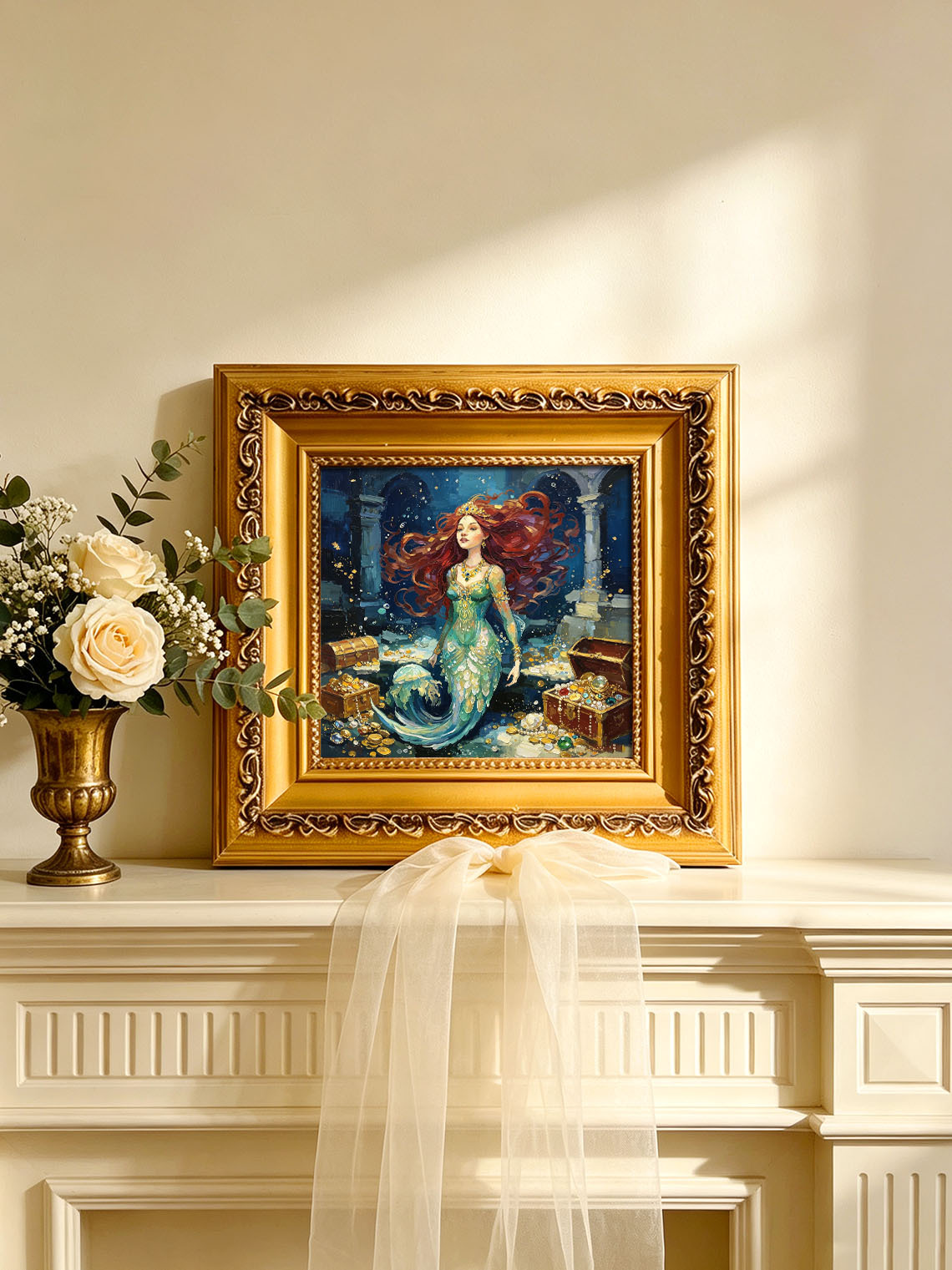 Red‑Haired Mermaid With Underwater Treasure Hand Painted Wall Art Custom oil painting from photo, Gift for friend，Size 4x4