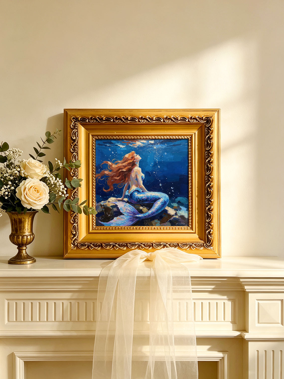 Underwater Red‑Haired Mermaid On Rocks Hand Painted Wall Art Custom oil painting from photo, Gift for friend，Size 4x4