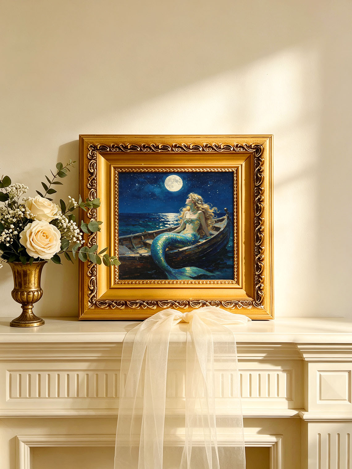 Moonlit Ocean Mermaid In Wooden Boat Hand Painted Wall Art Custom oil painting from photo, Gift for friend，Size 4x4