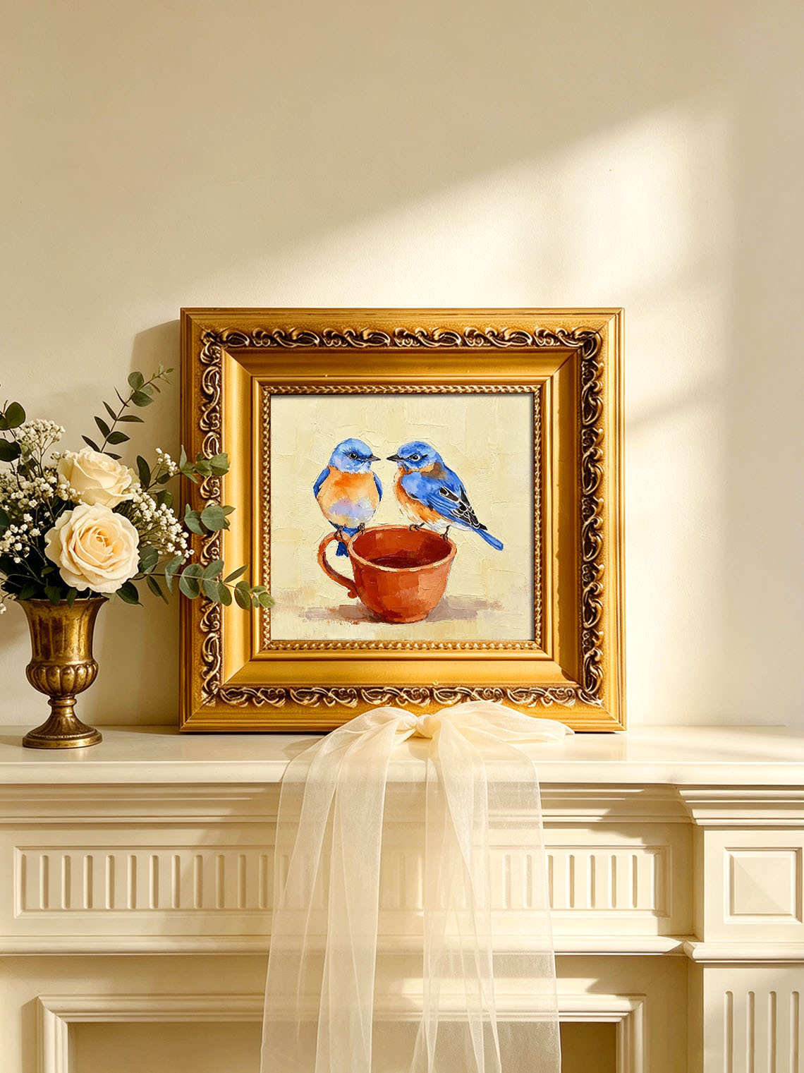 Two Sweet Bluebirds On Terracotta Teacup Hand Painted Wall Art Custom oil painting from photo, Gift for friend，Size 4x4