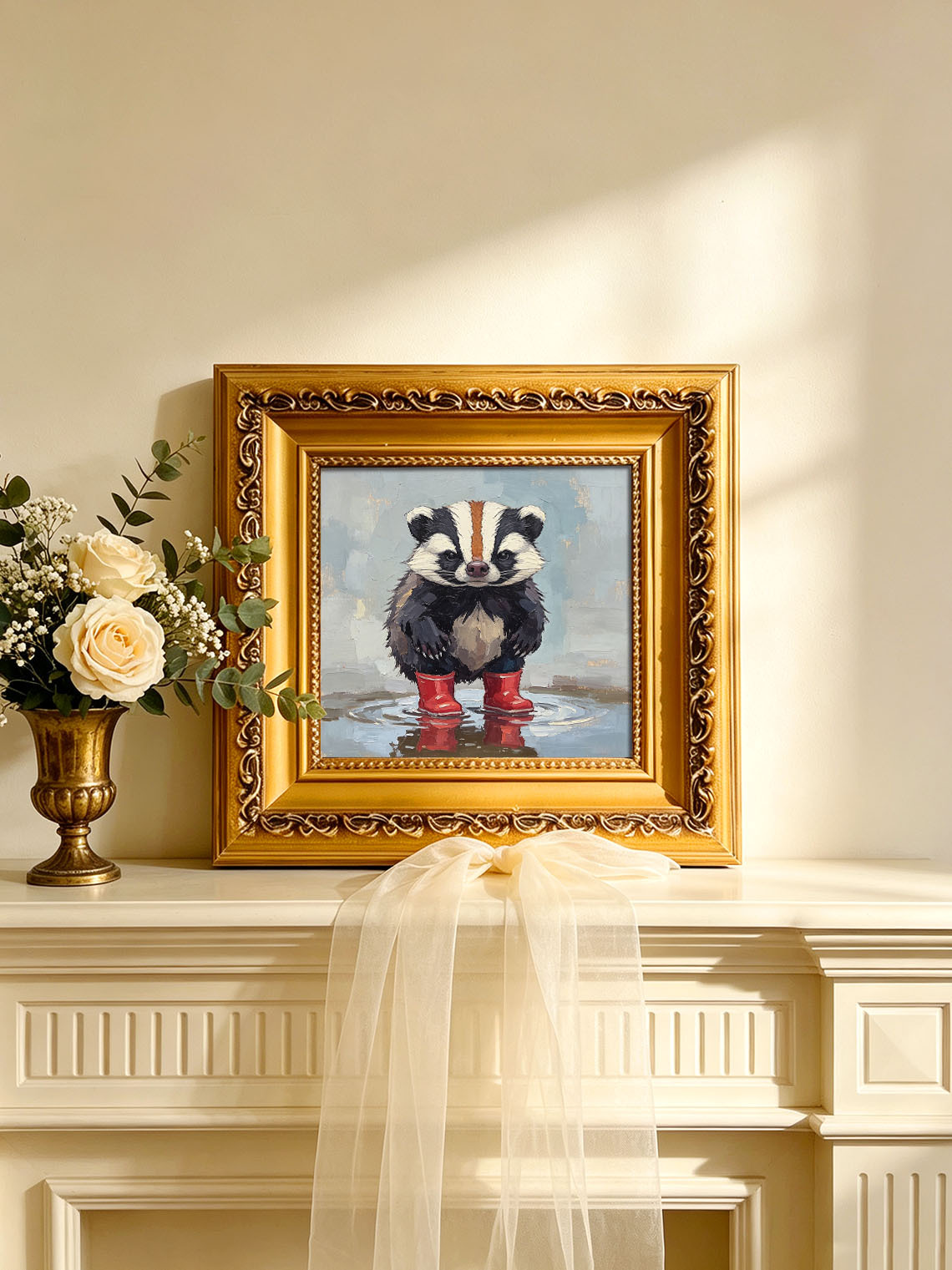 Cute Badger Wearing Red Rain Boots Standing In Puddle Hand Painted Wall Art Custom oil painting from photo, Gift for friend，Size 4x4