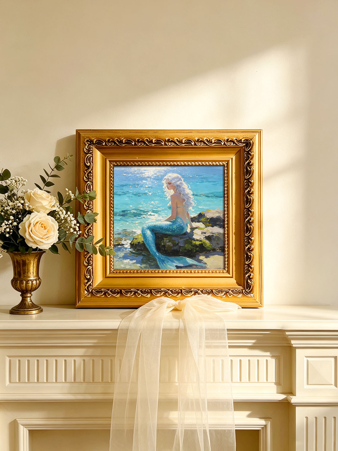 White‑Haired Mermaid Sitting On Coastal Rock By Sparkling Sea Hand Painted Wall Art Custom oil painting from photo, Gift for friend，Size 4x4