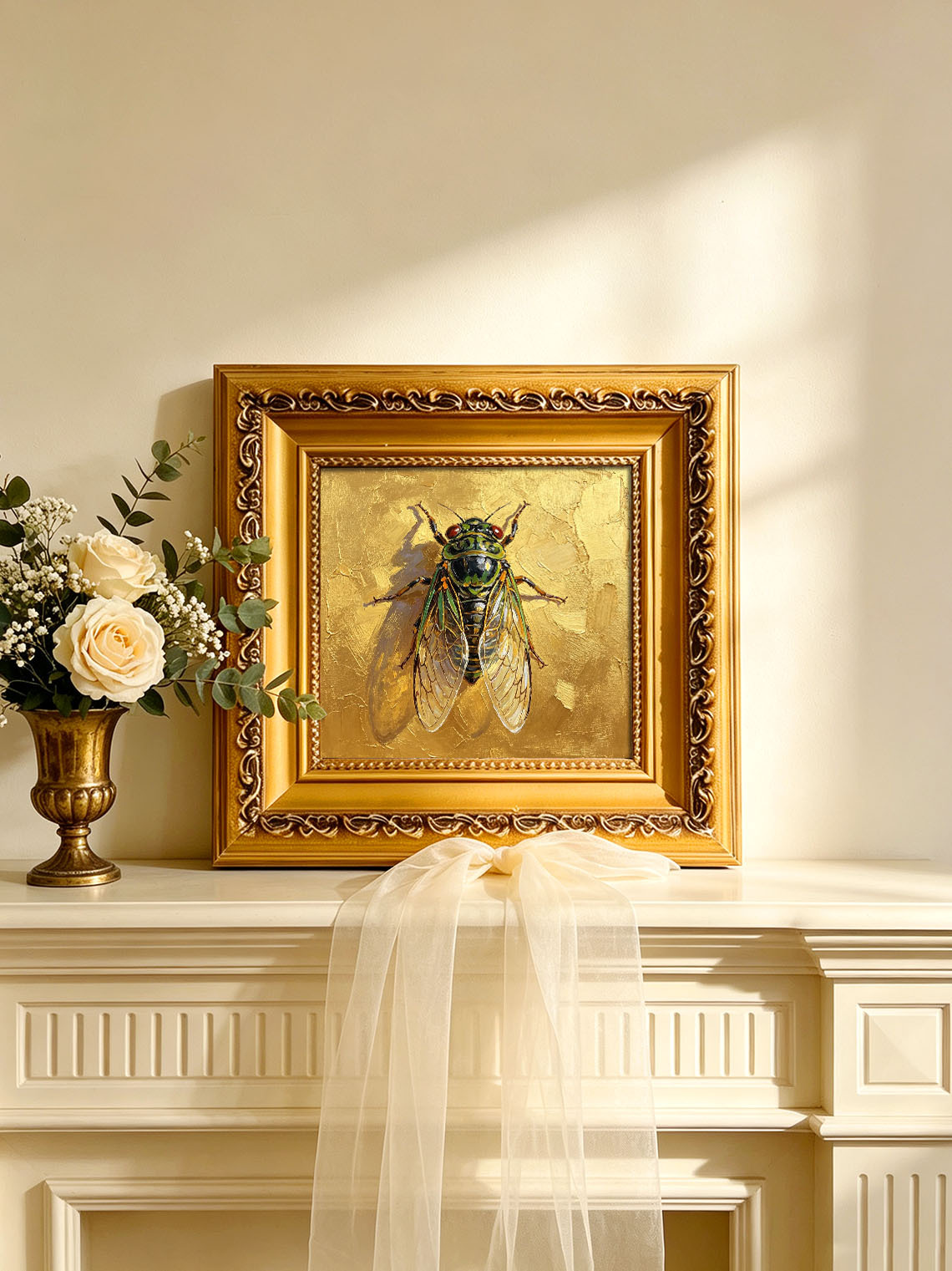 Detailed Cicada Insect Painting On Golden Textured Background Hand Painted Wall Art Custom oil painting from photo, Gift for friend，Size 4x4