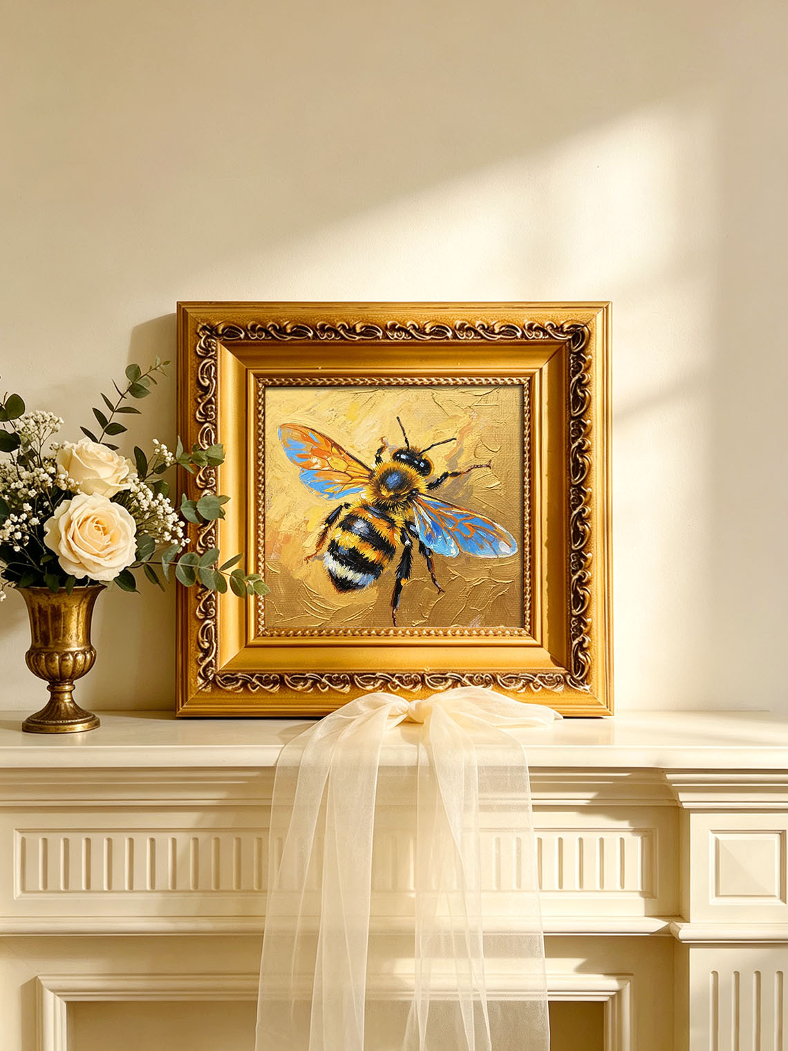 Vibrant Honeybee With Iridescent Blue Wings On Golden Background  Wall Art Custom oil painting from photo, Gift for friend，Size 4x4