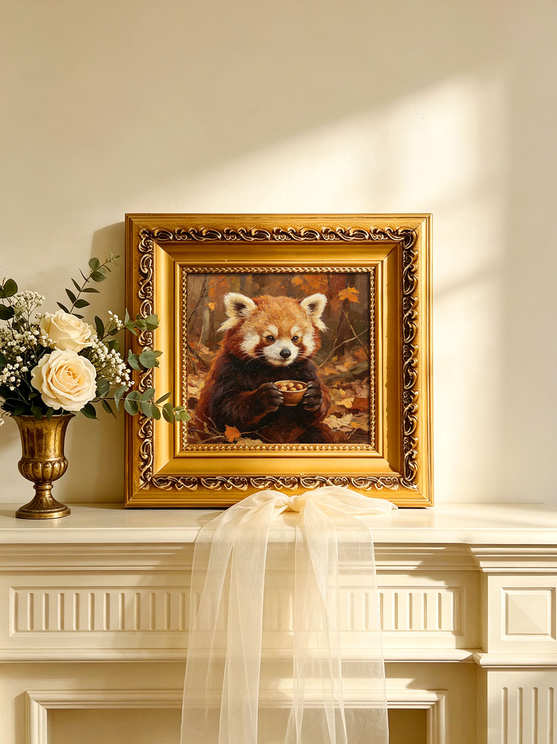 Cute Red Panda Holding Nut Bowl In Autumn Fall Forest Hand Painted Wall Art Custom oil painting from photo, Gift for friend，Size 4x4