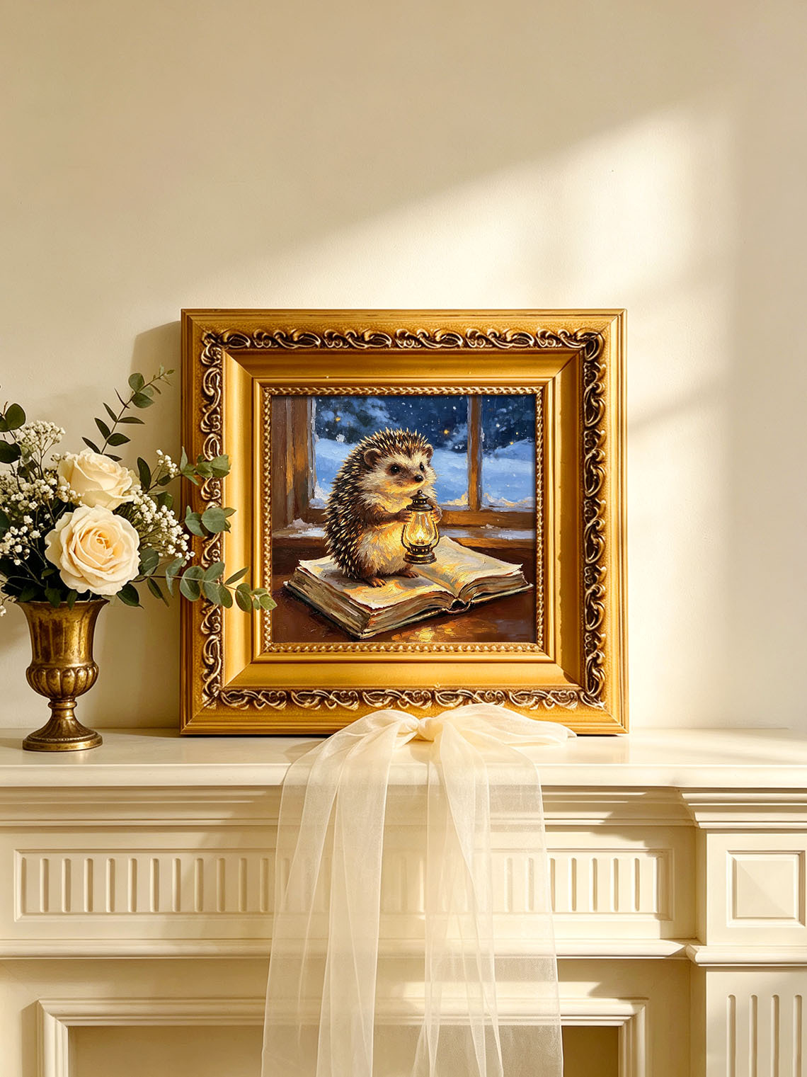 Hedgehog With Glowing Lantern Standing On Open Book By Snowy Winter Window Custom oil painting from photo, Gift for friend，Size 4x4