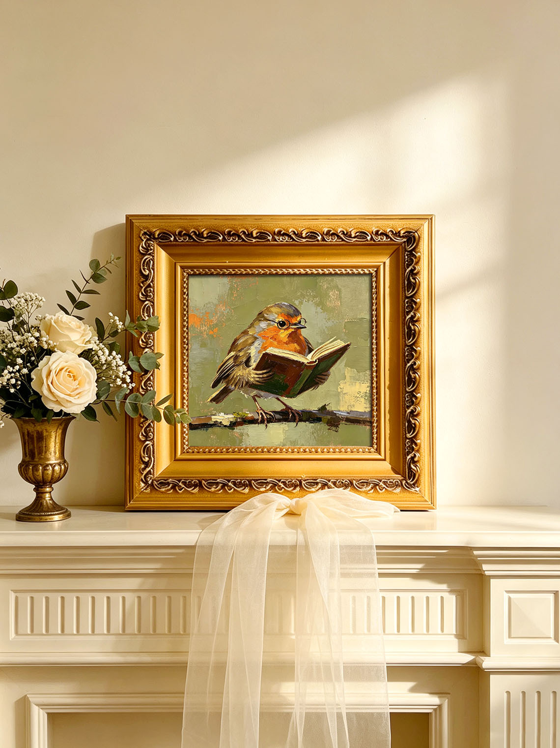 Charming Robin Bird Wearing Glasses Reading Open Book On Branch  Wall Art Custom oil painting from photo, Gift for friend，Size 4x4