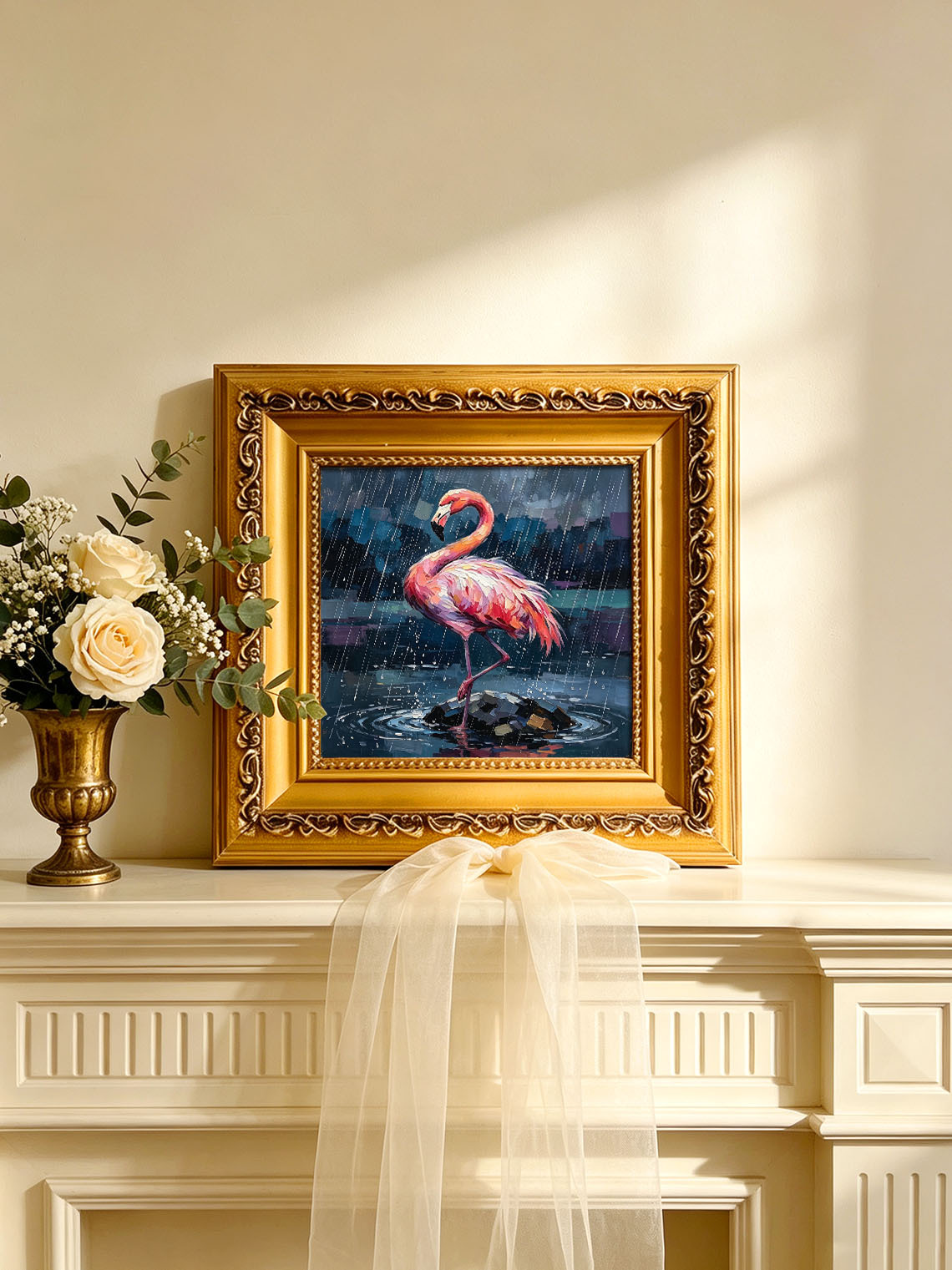 Vibrant Pink Flamingo Standing On Rock In Pouring Rain Over Dark Water  Wall Art Custom oil painting from photo, Gift for friend，Size 4x4