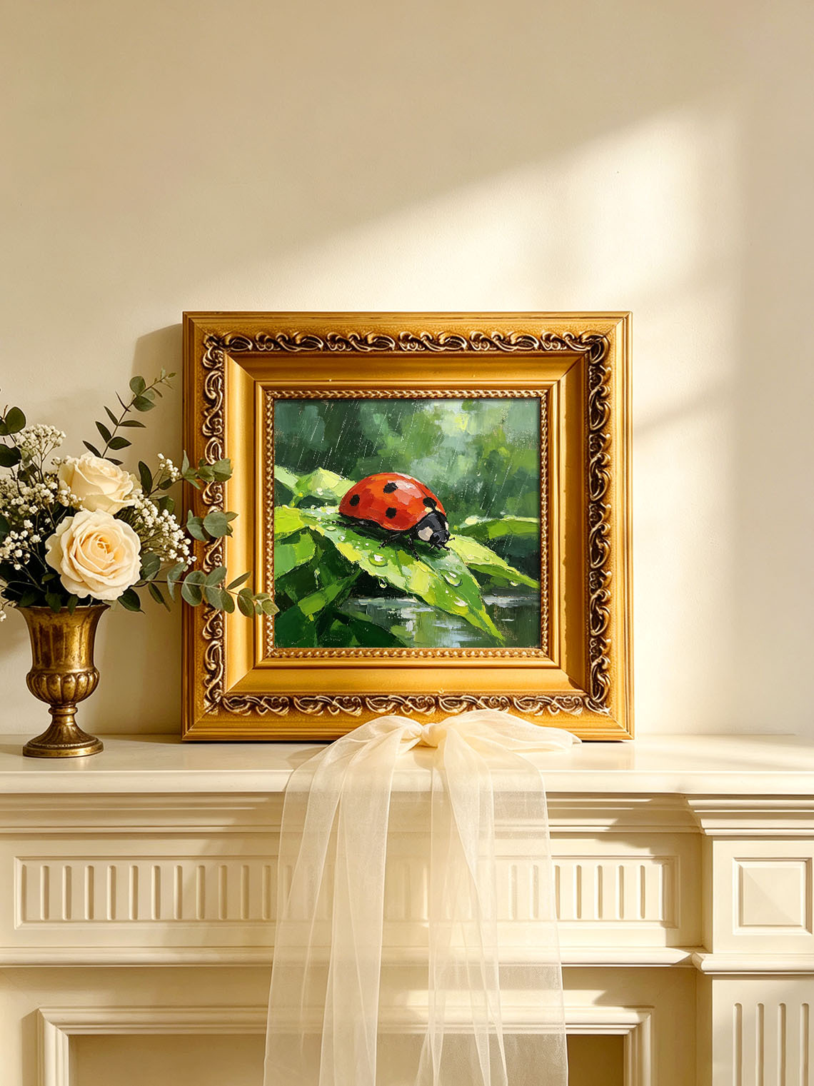 Vivid Red Ladybug On Rain‑Drenched Green Leaf In Lush Foliage Hand Painted Wall Art Custom oil painting from photo, Gift for friend，Size 4x4