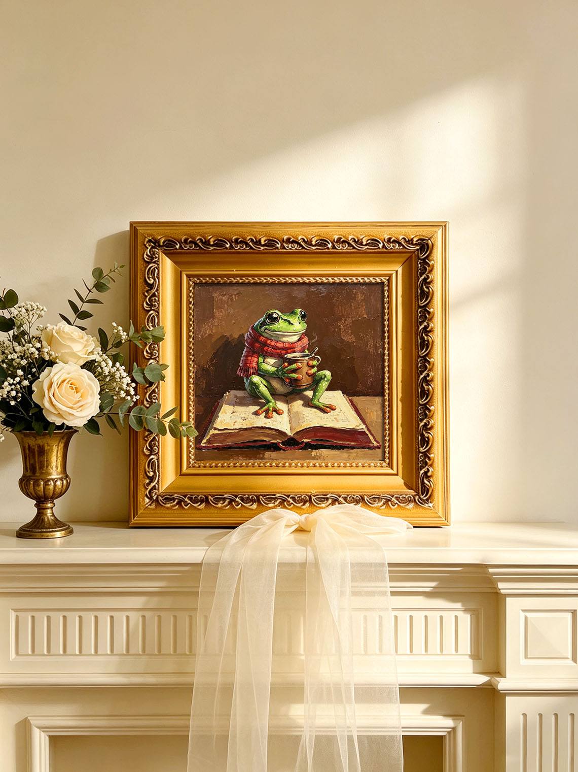 Cozy Whimsical Frog With Red Scarf Holding Hot Mug Sitting On Open Book  Wall Art Custom oil painting from photo, Gift for friend，Size 4x4
