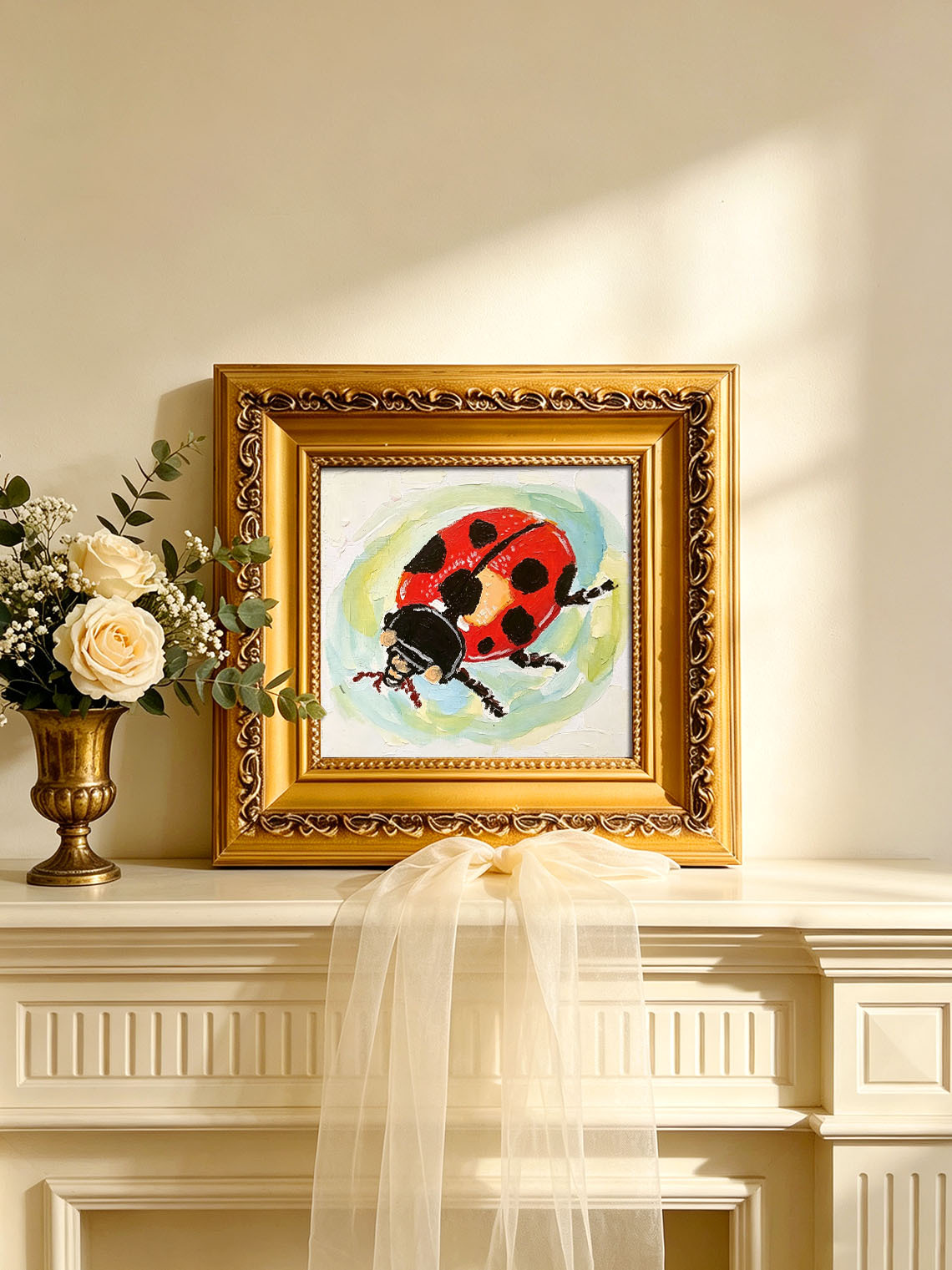 Thick Impasto Red Spotted Ladybug Textured Pastel Background Hand Painted Wall Art Custom oil painting from photo, Gift for friend，Size 4x4