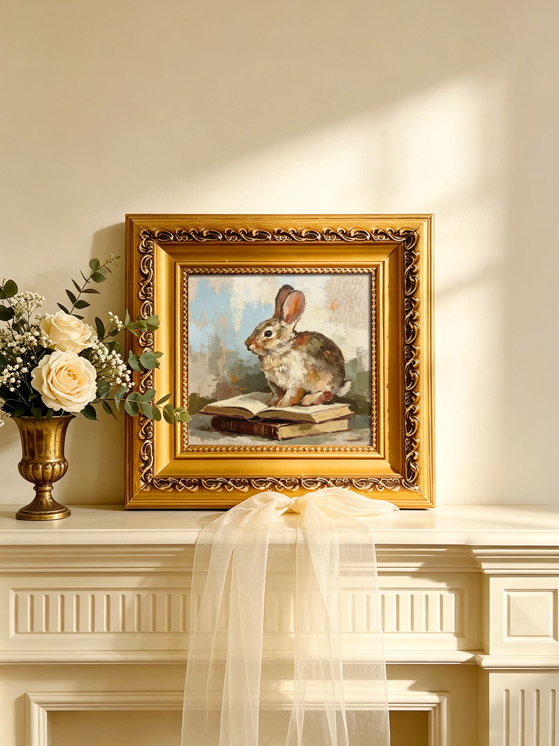 Brown Cottontail Rabbit Sitting On Stacked Old Books Soft Muted Background Custom oil painting from photo, Gift for friend，Size 4x4