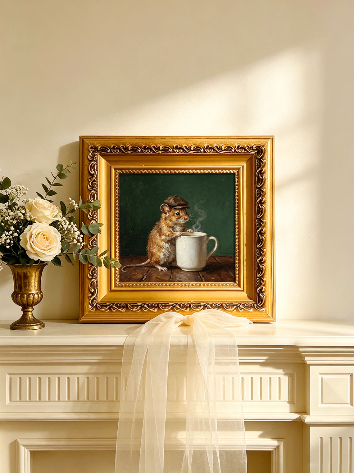 Mouse With Newsboy Cap Leaning On Steaming Coffee Mug Dark Green Background  Custom oil painting from photo, Gift for friend，Size 4x4