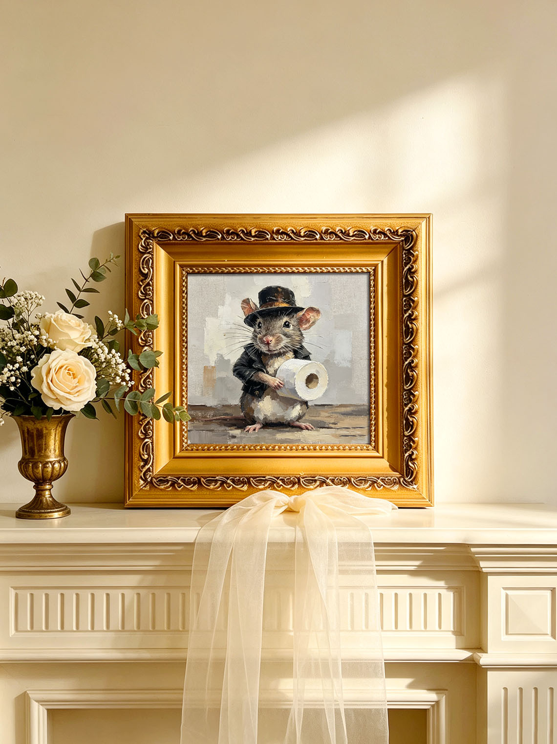 Gentleman Mouse Holding Toilet Paper Roll Neutral Textured Background Custom oil painting from photo, Gift for friend，Size 4x4