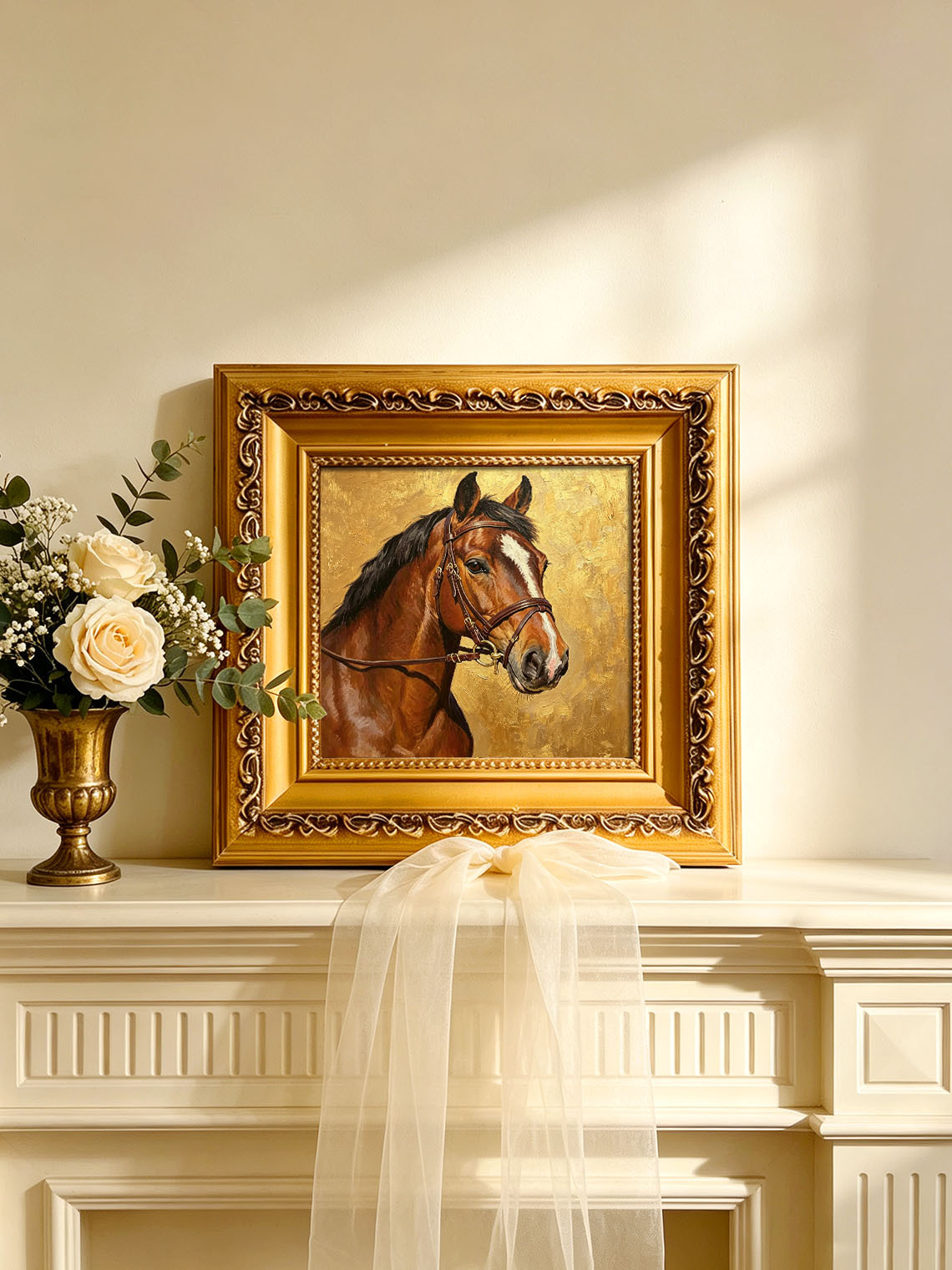 Bay Horse Portrait With Leather Bridle Textured Metallic Gold Background  Wall Art Custom oil painting from photo, Gift for friend，Size 4x4