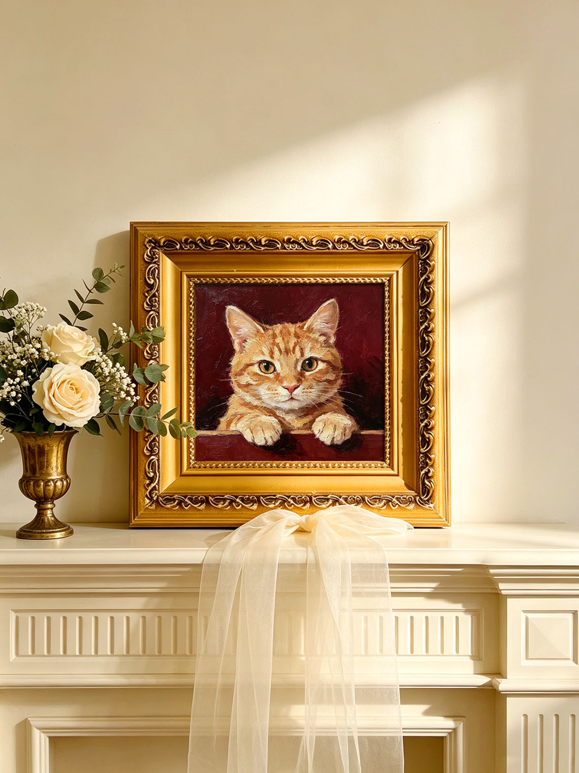Ginger Tabby Cat Portrait Paws Resting On Edge Deep Burgundy Textured Background  Custom oil painting from photo, Gift for friend，Size 4x4