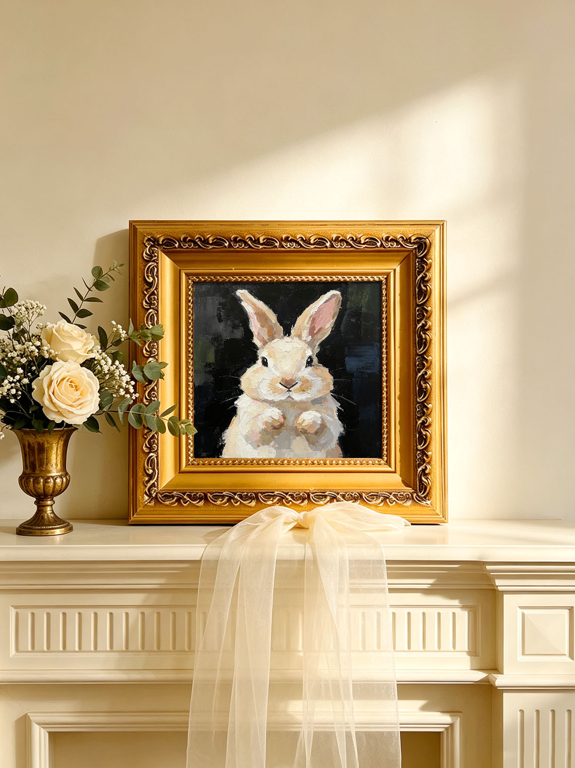 Thick Impasto Light Cream Bunny Portrait Paws Up Dark Moody Textured Background  Custom oil painting from photo, Gift for friend，Size 4x4