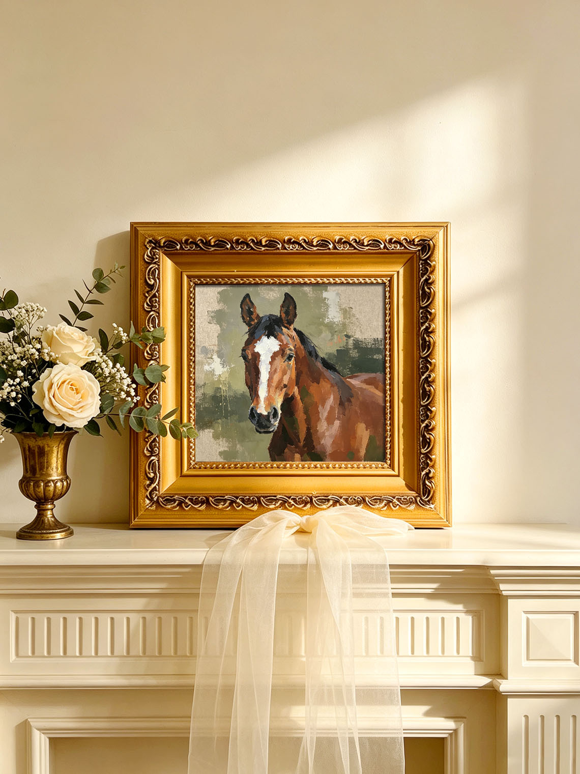 Bay Horse Portrait With White Blaze Muted Sage Green Textured Linen Background  Custom oil painting from photo, Gift for friend，Size 4x4