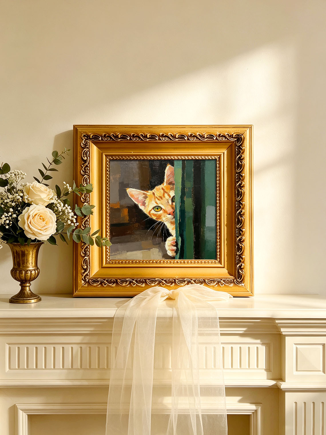 Tabby Kitten Peeking Around Green Door Bold Textured Warm Earth‑Tone Background  Custom oil painting from photo, Gift for friend，Size 4x4
