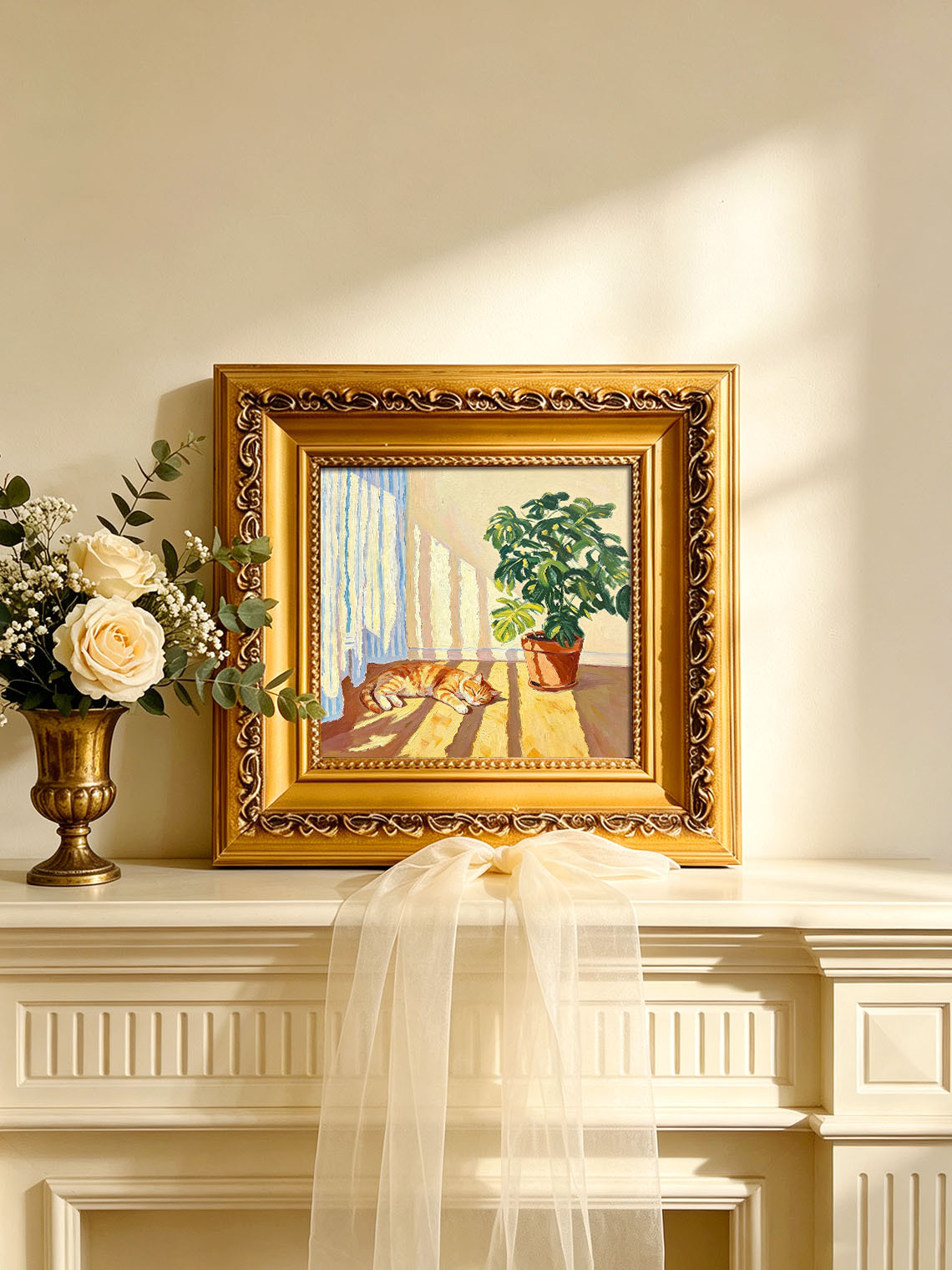 Sleeping Ginger Cat Sunlit Indoor Scene With Monstera Plant Bright Oil Painting Custom oil painting from photo, Gift for friend，Size 4x4