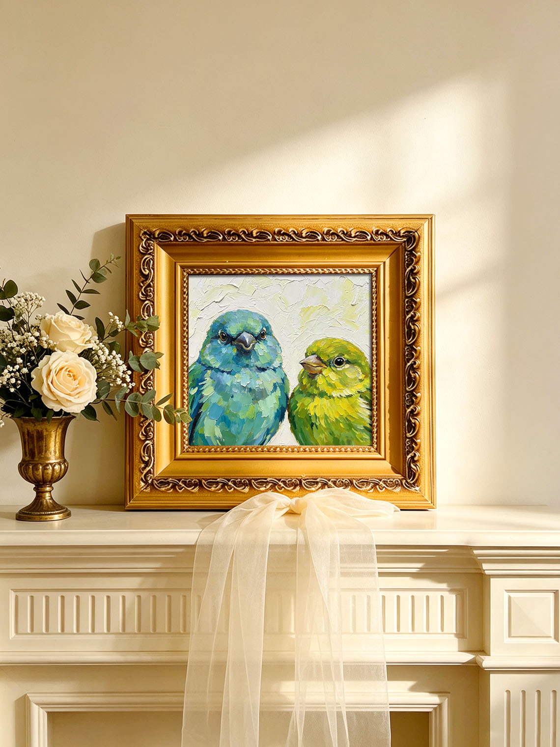 Pair Of Parrotlets Portrait Bold Oil Painting Soft Off‑White Textured Background  Custom oil painting from photo, Gift for friend，Size 4x4