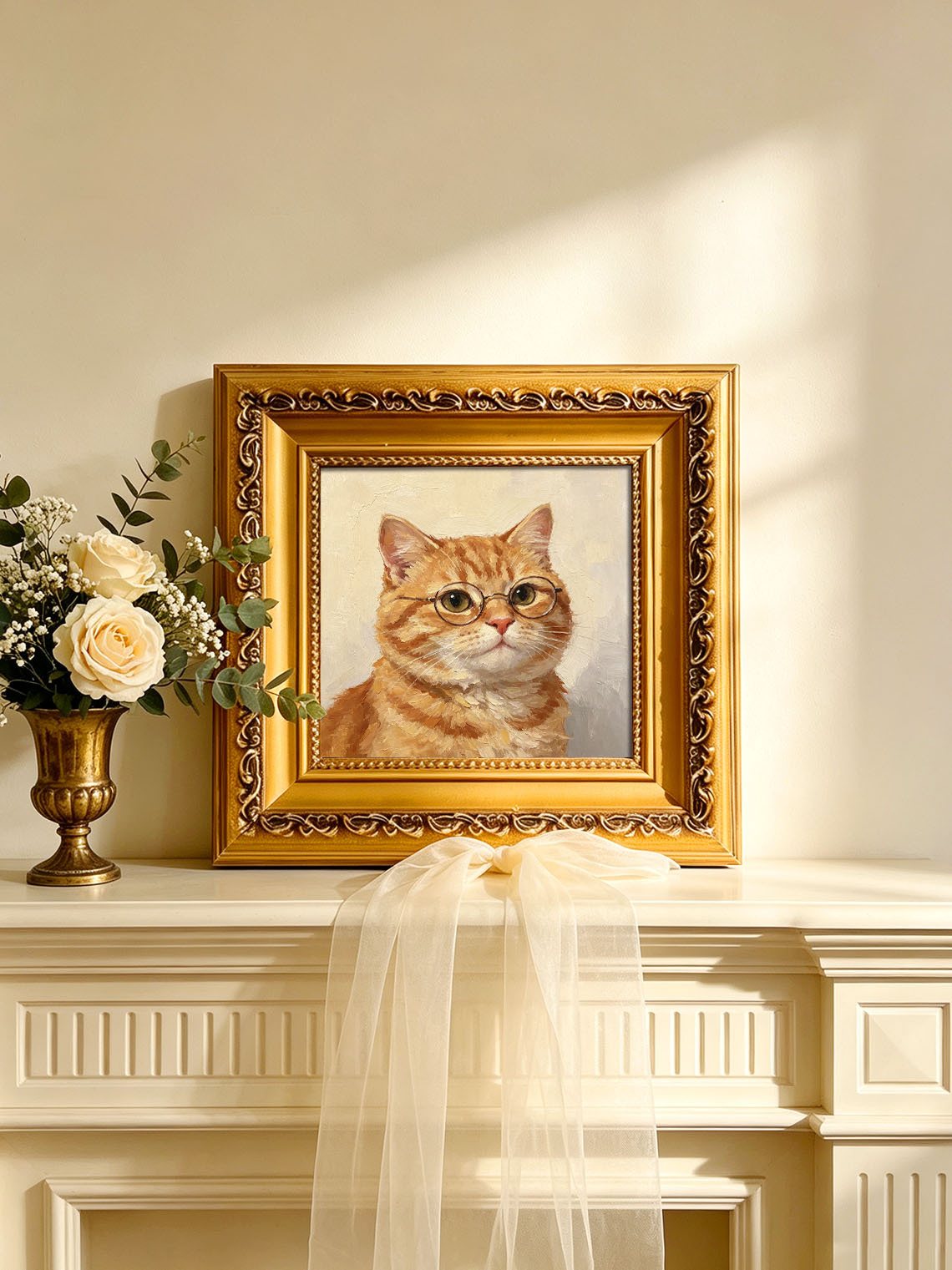Ginger Tabby Cat Wearing Glasses Oil Painting Soft Cream Textured Background Custom oil painting from photo, Gift for friend，Size 4x4