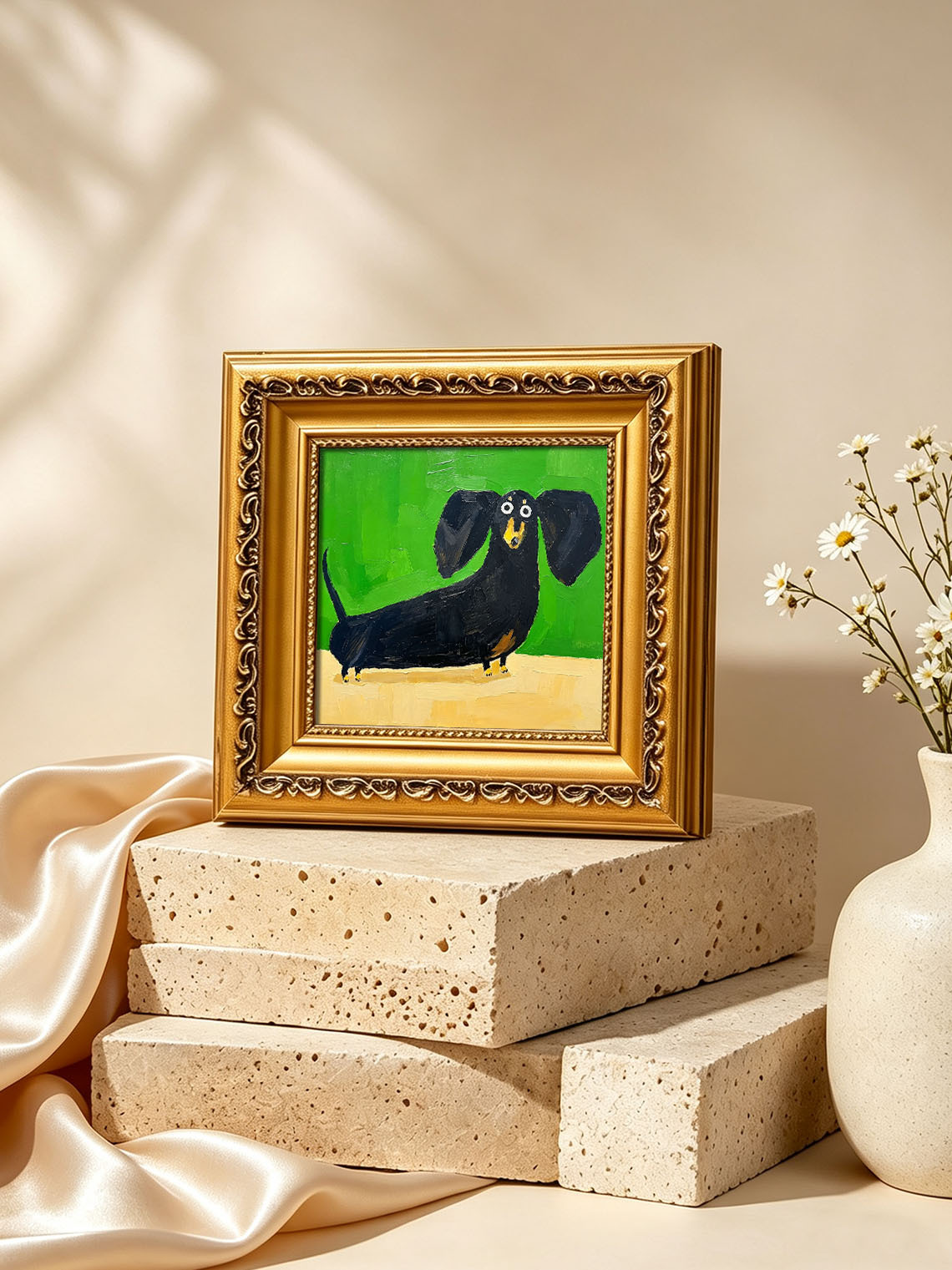 Cute Black Dachshund custom oil painting from photo, gift for friend, Size 4"×4"
