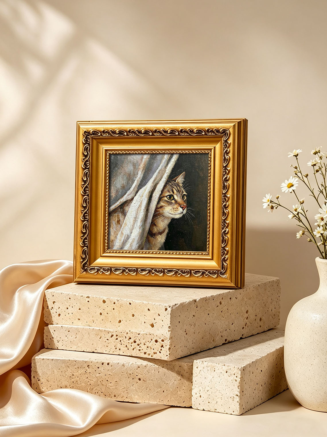 Tabby Cat Behind Curtain custom oil painting from photo, gift for friend, Size 4"×4"