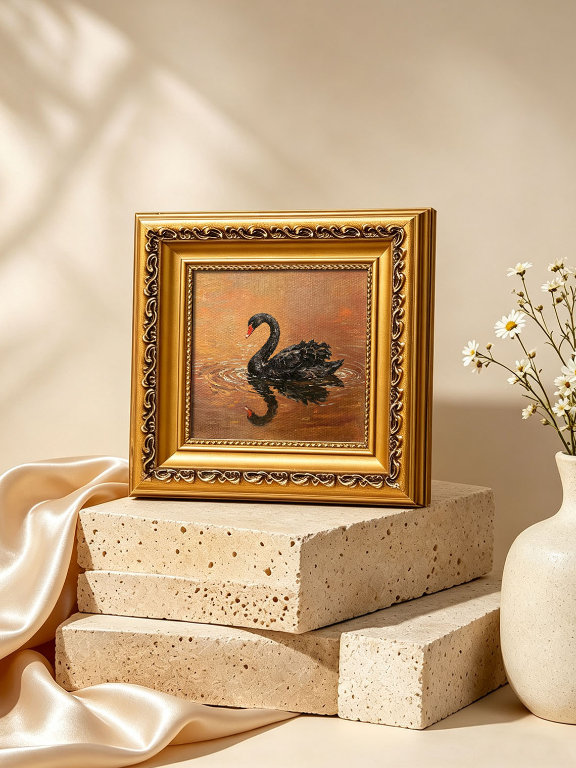 Black Swan Water Scene custom oil painting from photo, gift for friend, Size 4"×4"