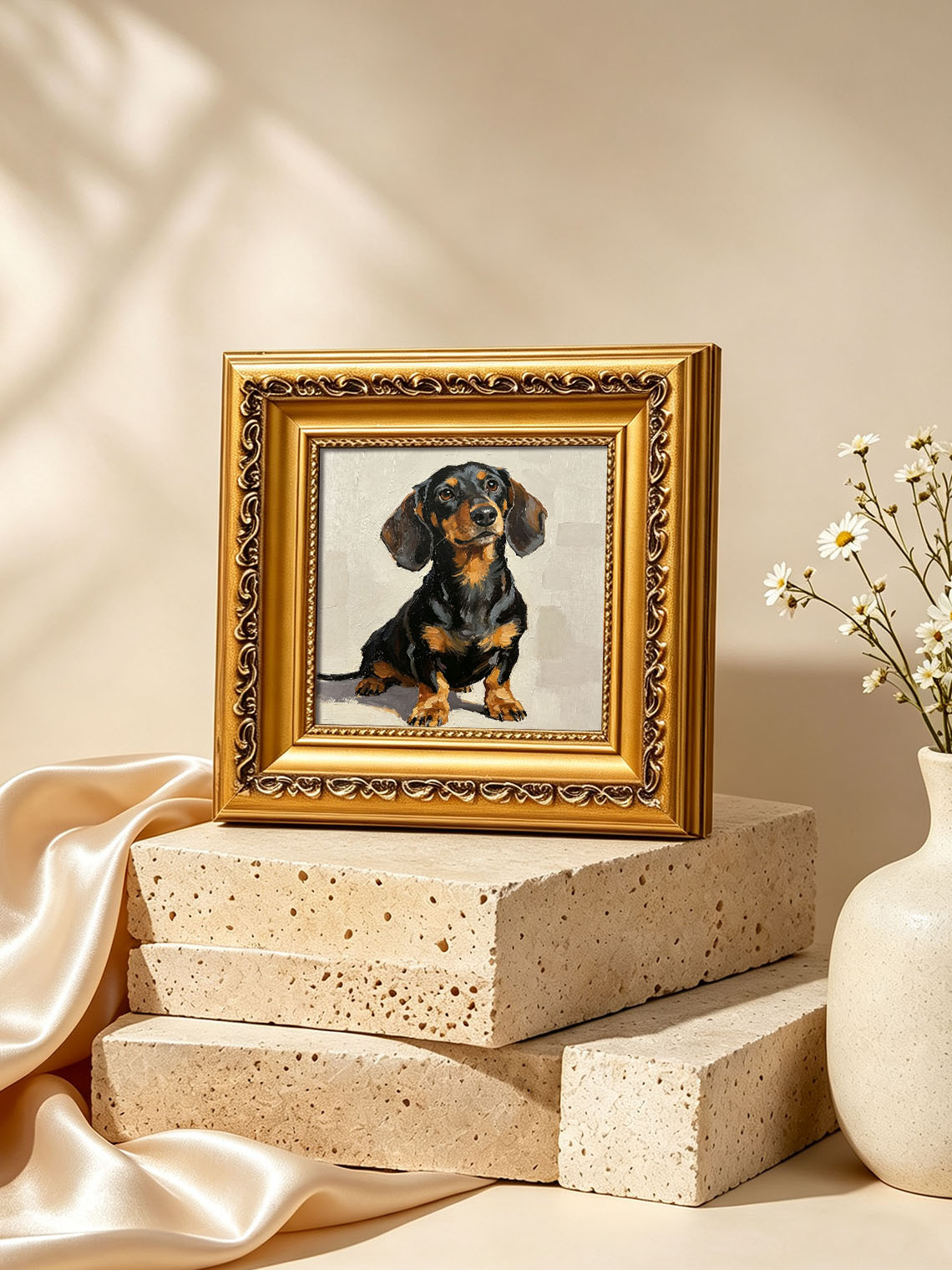 Sitting Dachshund Portrait custom oil painting from photo, gift for friend, Size 4"×4"