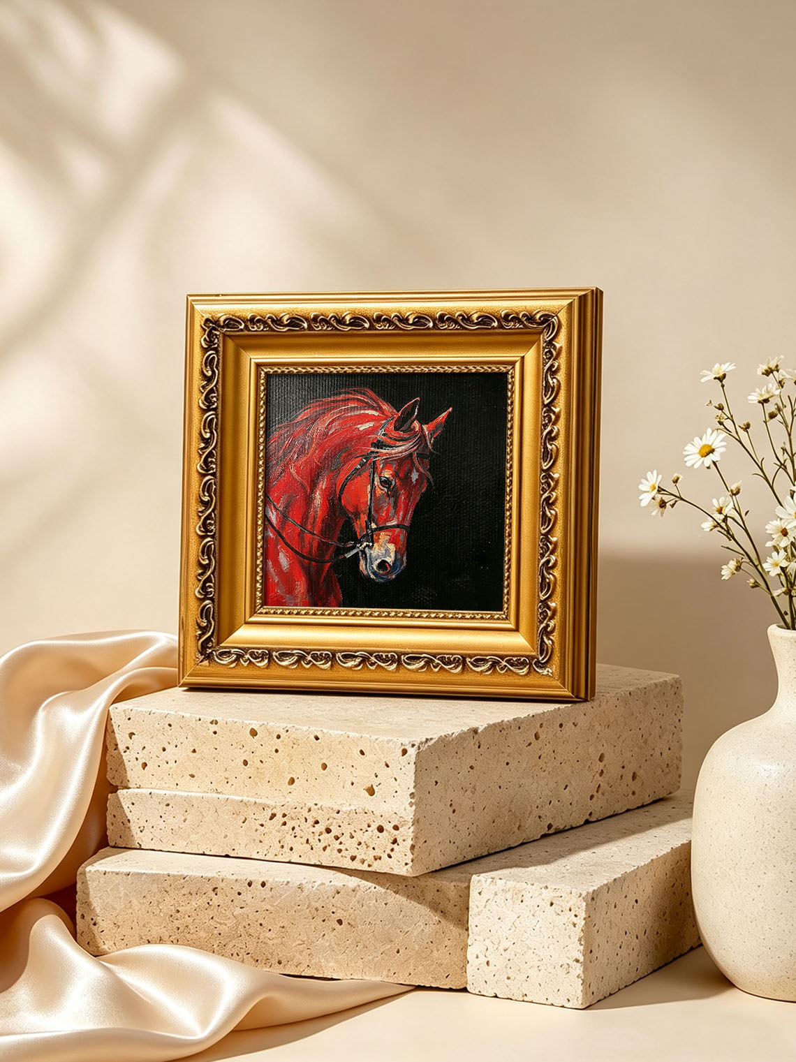 Red Horse Head Portrait custom oil painting from photo, gift for friend, Size 4"×4"