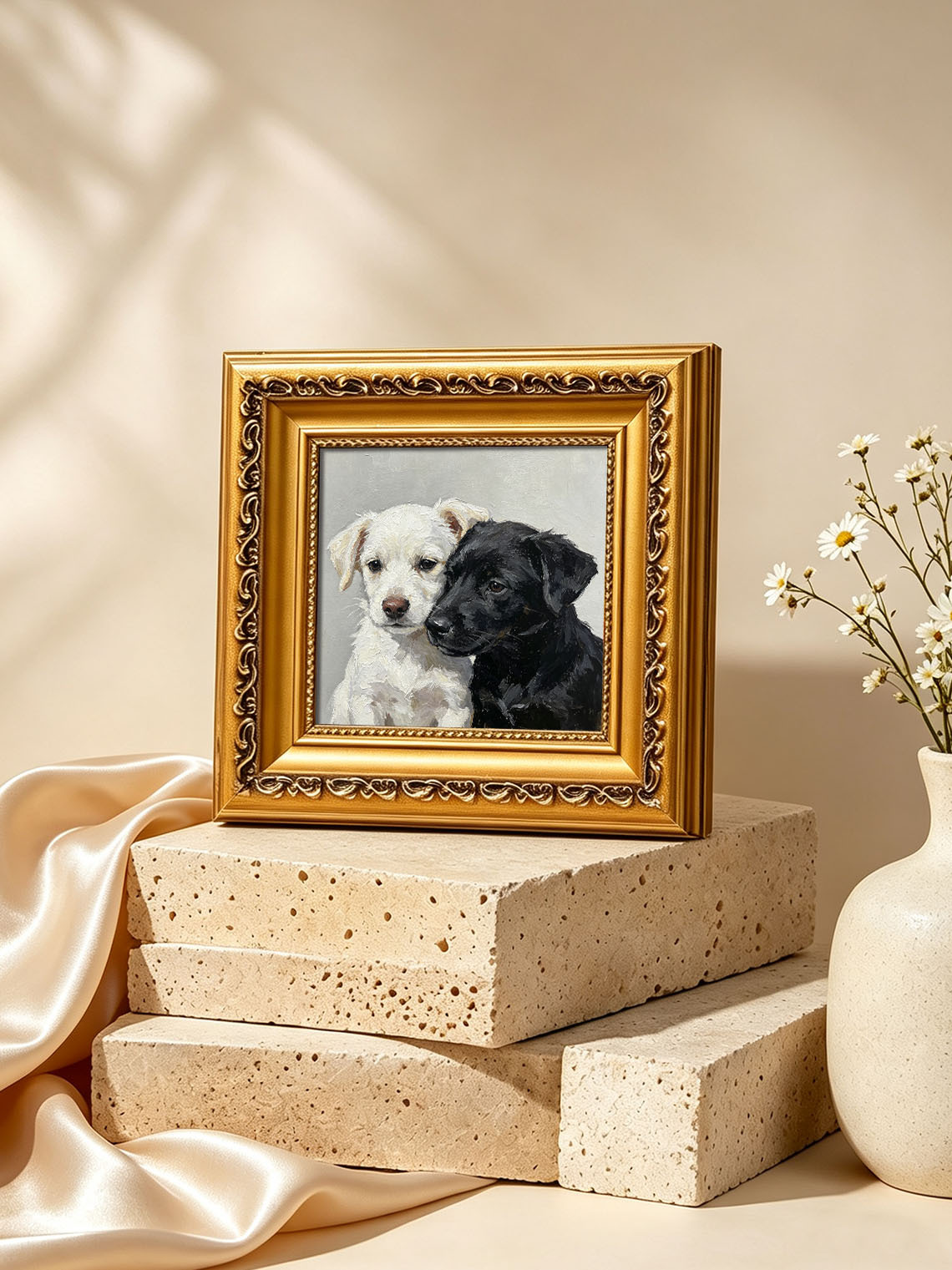 Two Puppies Black White custom oil painting from photo, gift for friend, Size 4"×4"