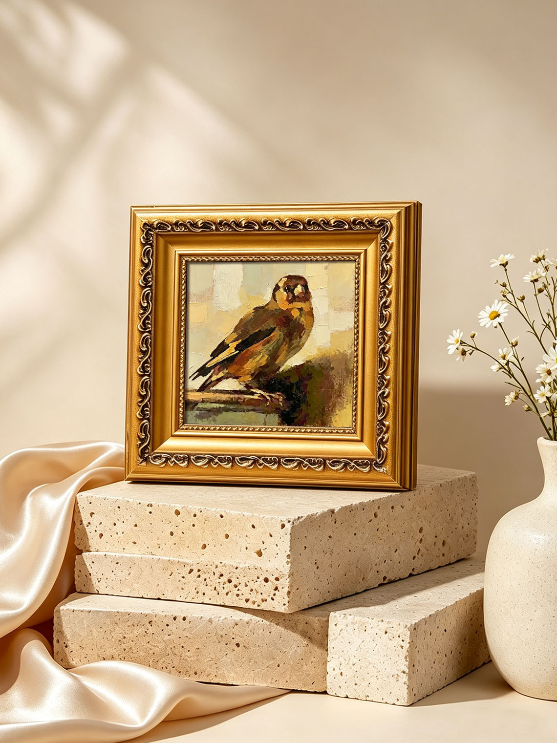 Small Bird On Branch custom oil painting from photo, gift for friend, Size 4"×4"