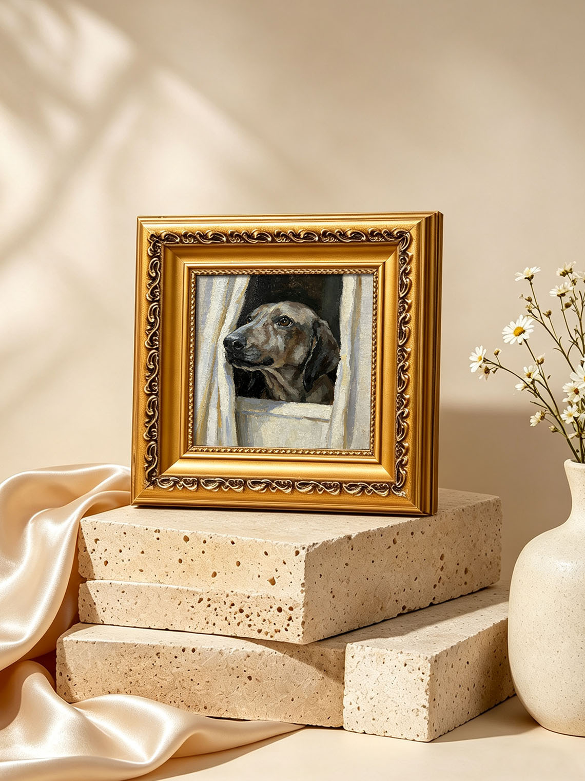 Dog Peeking Through Window custom oil painting from photo, gift for friend, Size 4"×4"